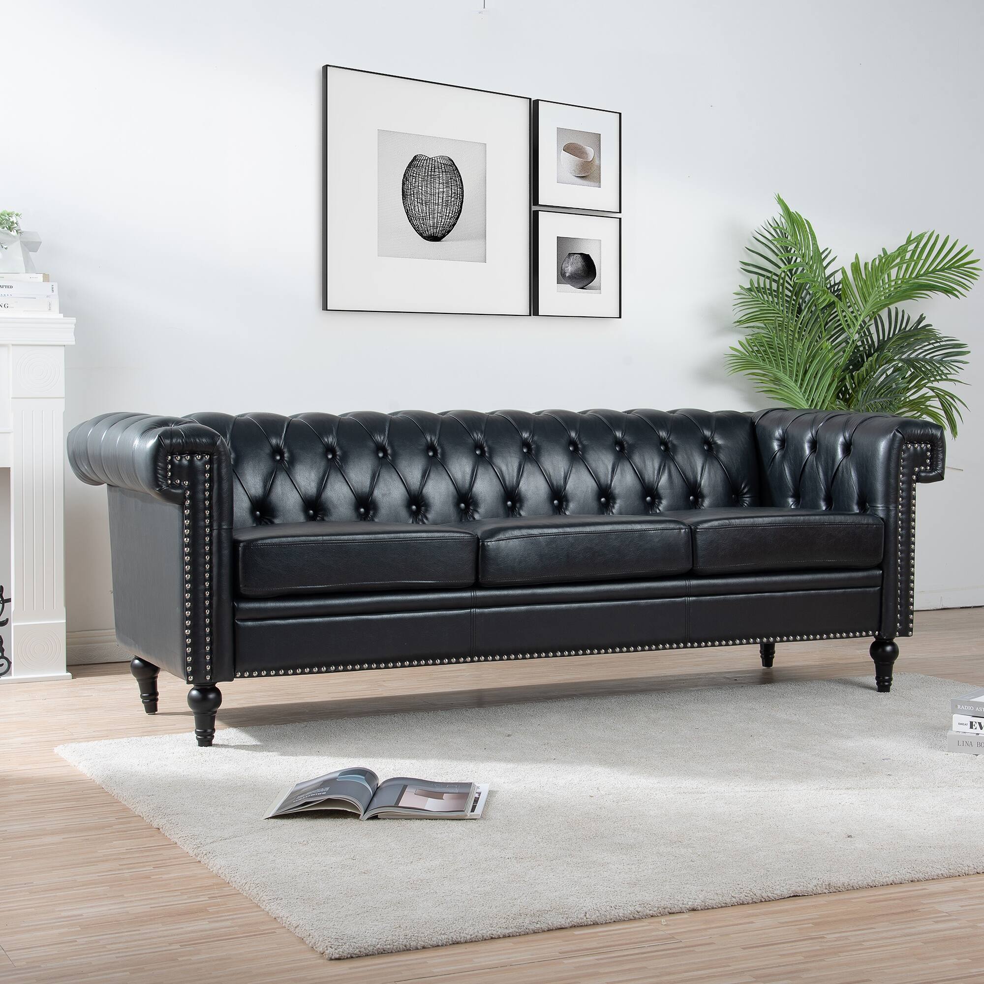 Angle. Boyel Living - 83.66-in Traditional Faux Leather 3-Seater Sofa with Nailhead Trim - Black and Matte Black and Silver.