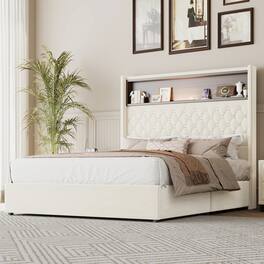 GOODSILO - Luxurious Velvet Tufted Bed Frame with USB Port and Night Light, High Headboard Platform Bed - Beige