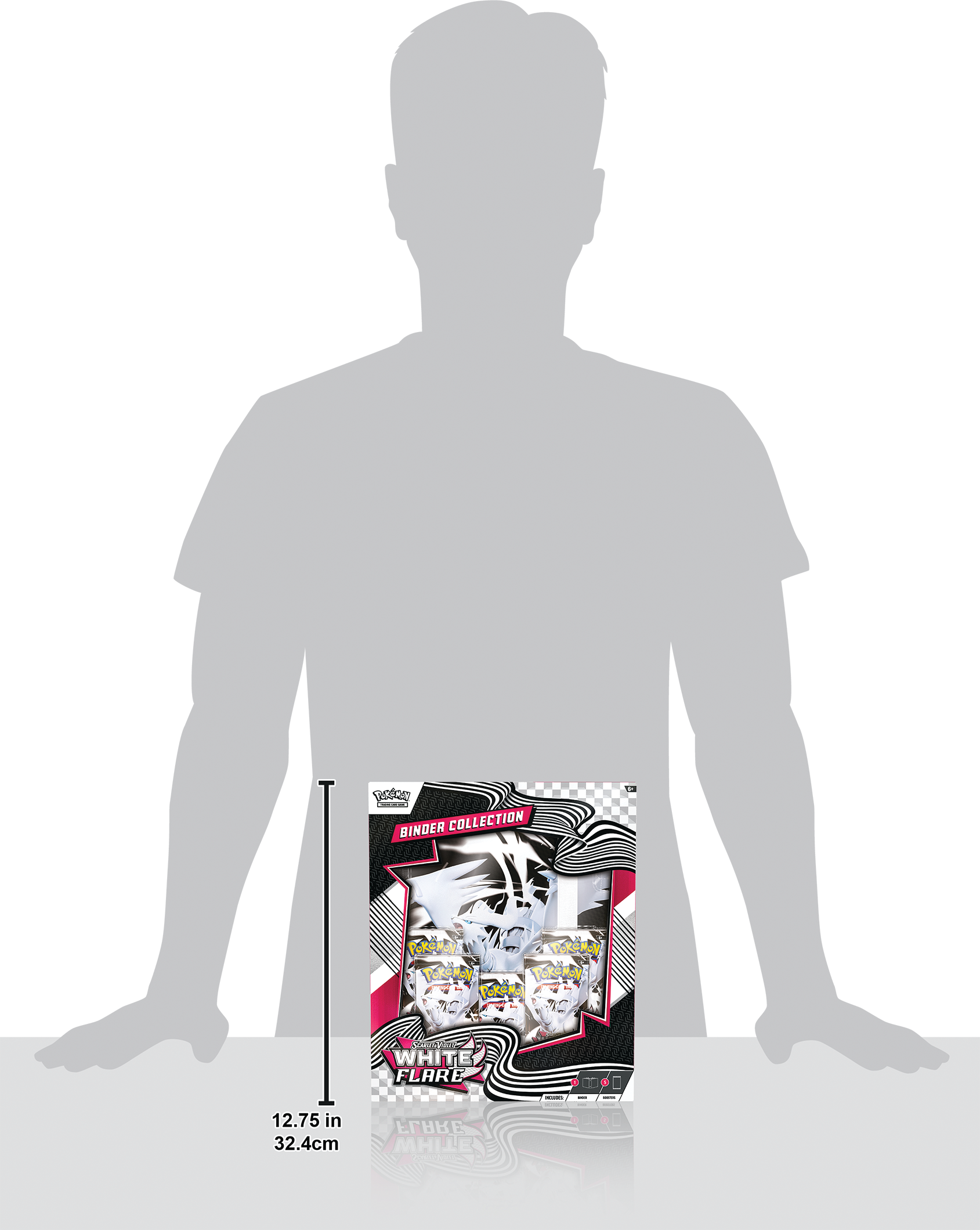 The image features a man's shadow, and next to it, there is a Pokemon White Flare binder collection. The binder is 12.75 inches tall, which is equivalent to 32.4 centimeters.