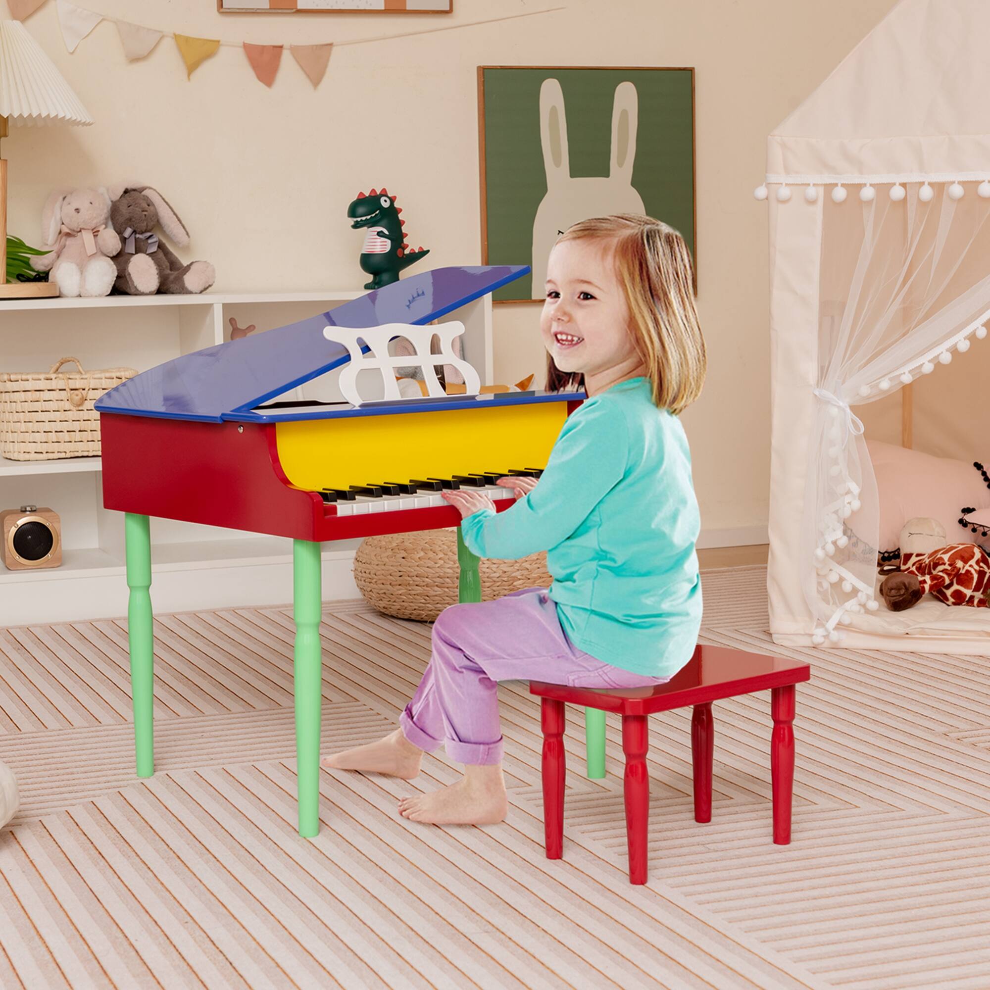 Alt View 11. Costway - 30-Key Classic Baby Grand Piano Toddler Toy Wood with Bench & Music Rack Colorful - Multicolored.