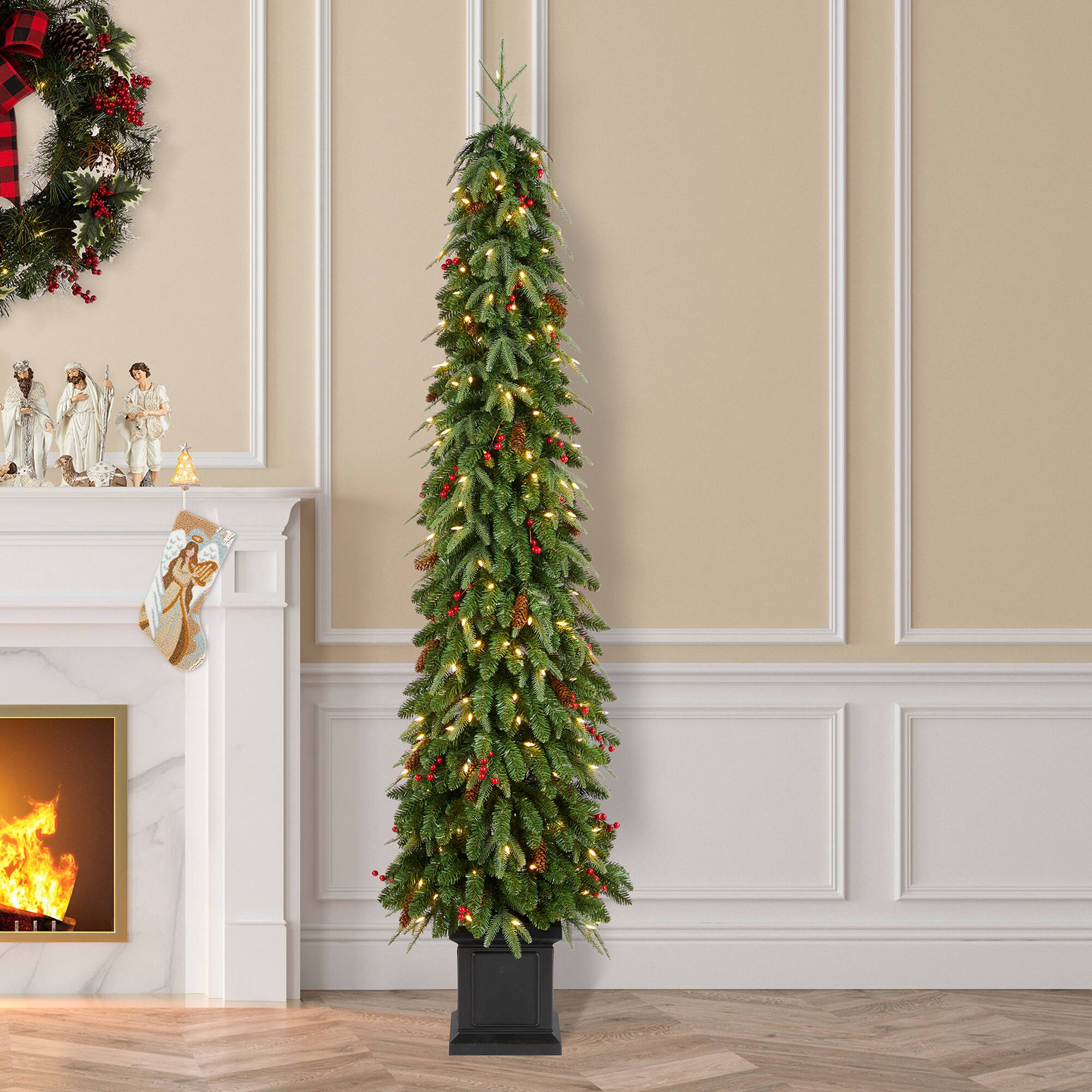 Alt View 6. Glitzhome - 7ft Pre-lit Green Artificial Christmas Porch Tree, red berries,pinecones, 250 warm white lights,3 function, Foot Pedal - Green.