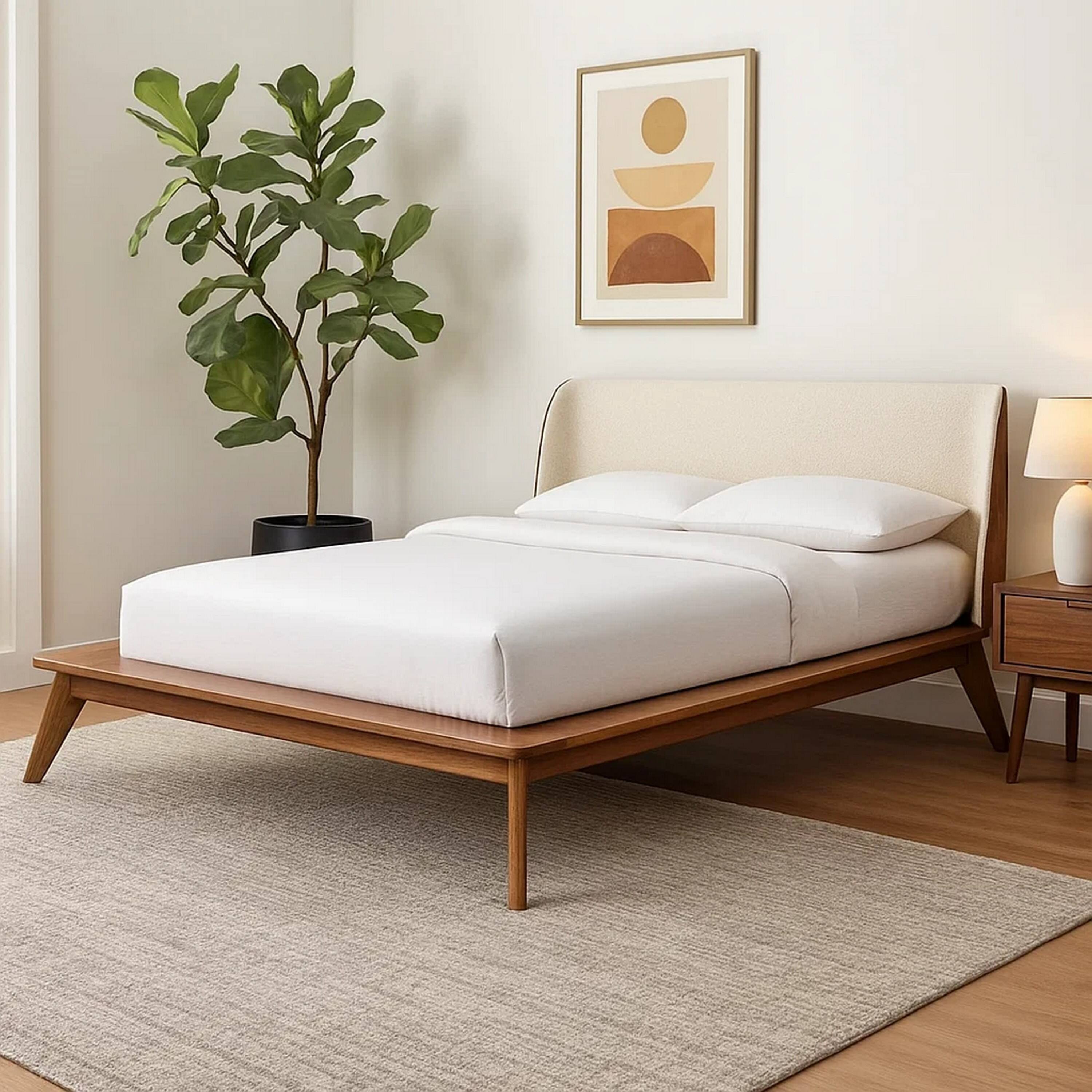 Alt View 5. Manhattan Lane - Linzy Full Size Bed w Beige Boucle Winged Headboard - Walnut Brown, Beige.