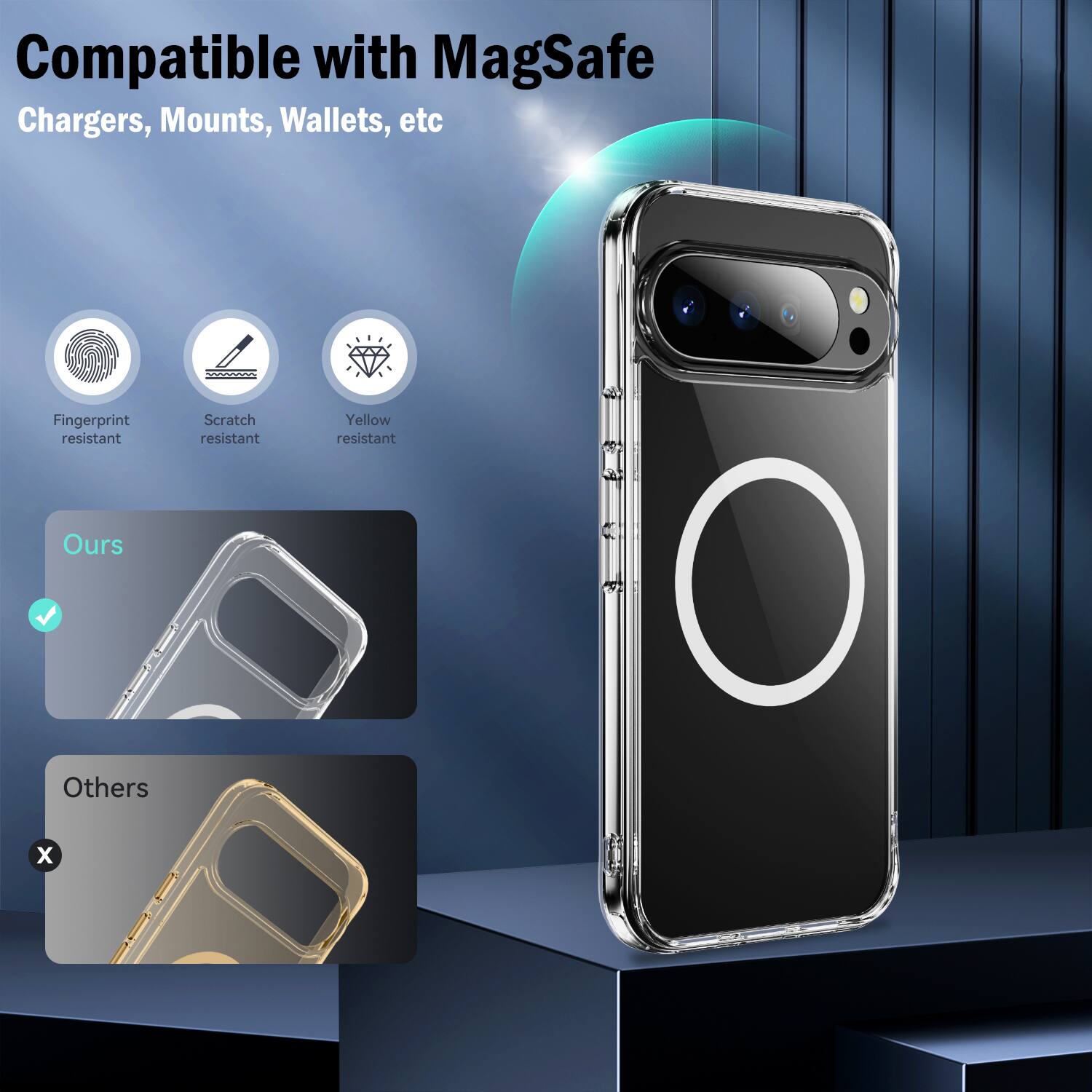 Compatible with MagSafe Chargers, Mounts, Wallets, etc

Fingerprint resistant
Scratch resistant
Yellow resistant

Ours
Others