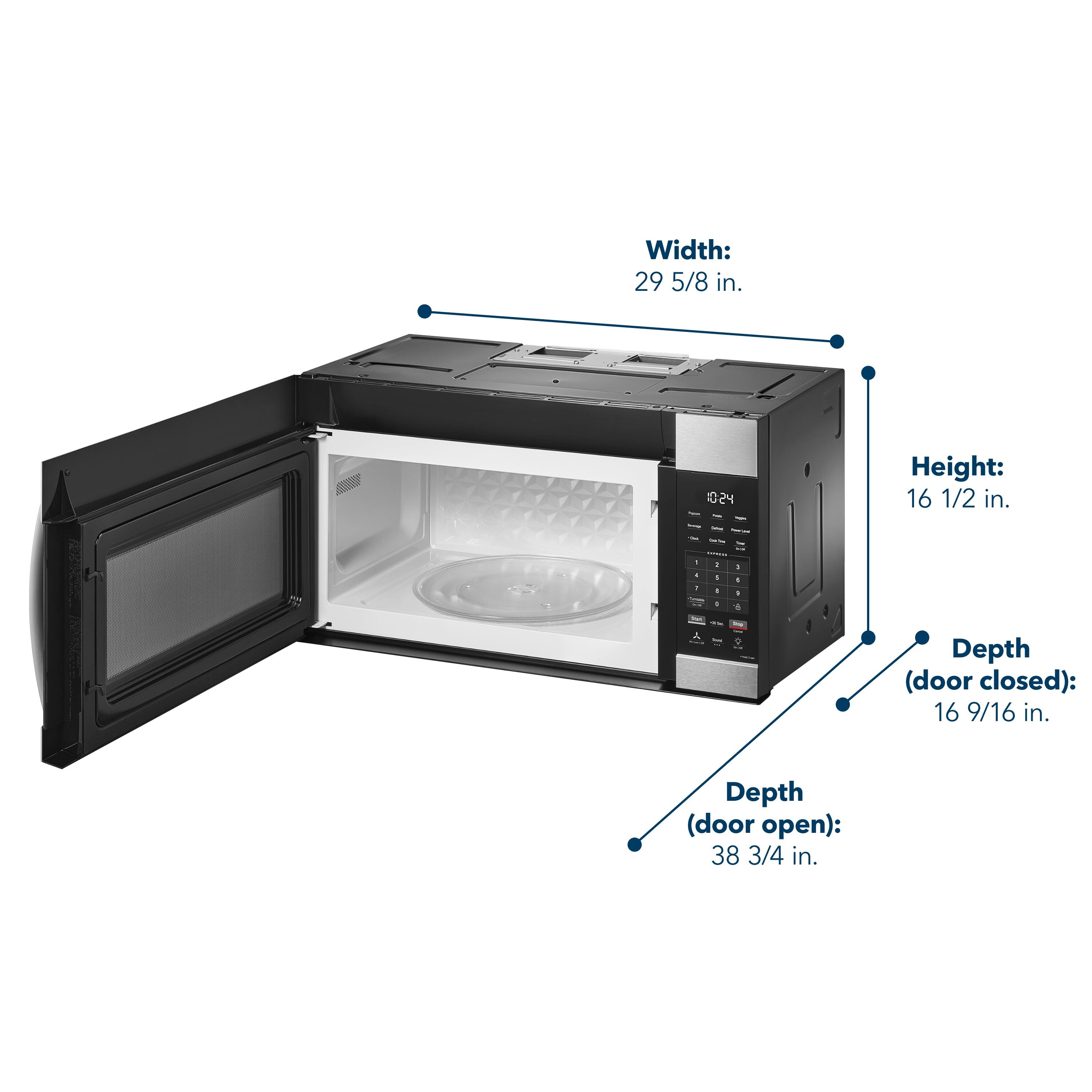 Width: 29 5/8 in.  
Height: 16 1/2 in.  
Depth (door closed): 16 9/16 in.  
Depth (door open): 38 3/4 in.