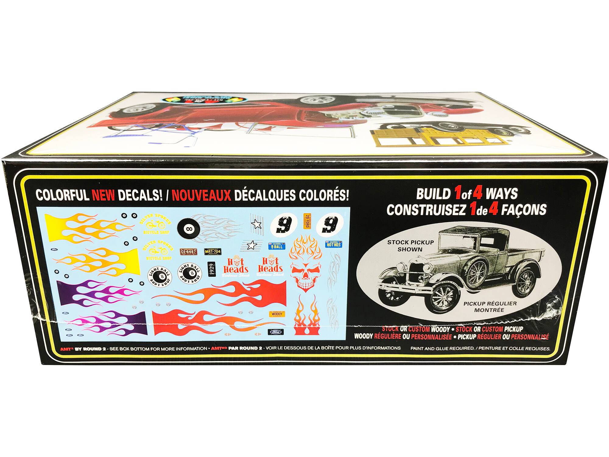 COLORFUL NEW DECALS! / NOUVEAUX DÉCALQUES COLORES!  
BUILD 1 of 4 WAYS / CONSTRUISEZ 1 de 4 FAÇONS  
STOCK PICKUP SHOWN / MONTRE STOCK  
CUSTOM WOODY • STOCK OR CUSTOM PICKUP / REGULIER OU PERSONNALISÉ  
PAINT AND GLUE REQUIRED / PEINTURE ET COLLE REQUISES  

AMT BY ROUND 2 - SEE BOX BOTTOM FOR MORE INFORMATION / AMT PAR ROUND 2 - VOIR LE DESSOUS DE LA BOÎTE POUR PLUS D'INFORMATIONS