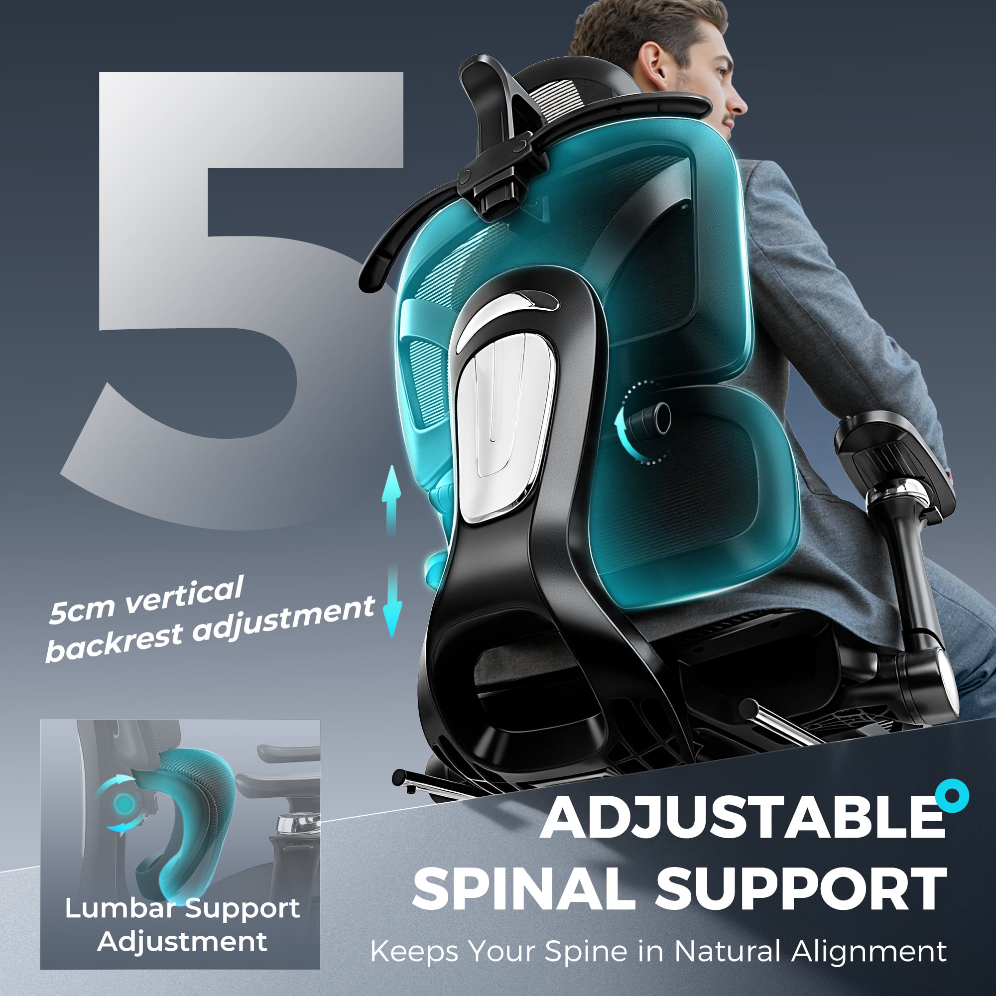 KERDOM - All in one High-End Ergonomic Office Chair with Footrest Advanced Mesh Cushion, Adjustable Seat Depth Lumbar & Armrest - Black