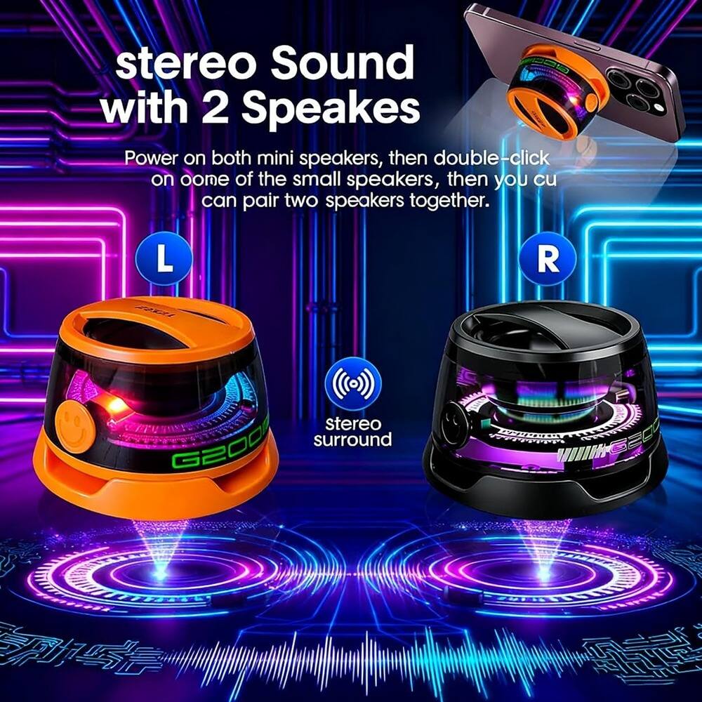 stereo Sound with 2 Speakers

Power on both mini speakers, then double-click on one of the small speakers, then you can pair two speakers together.

L R

stereo surround