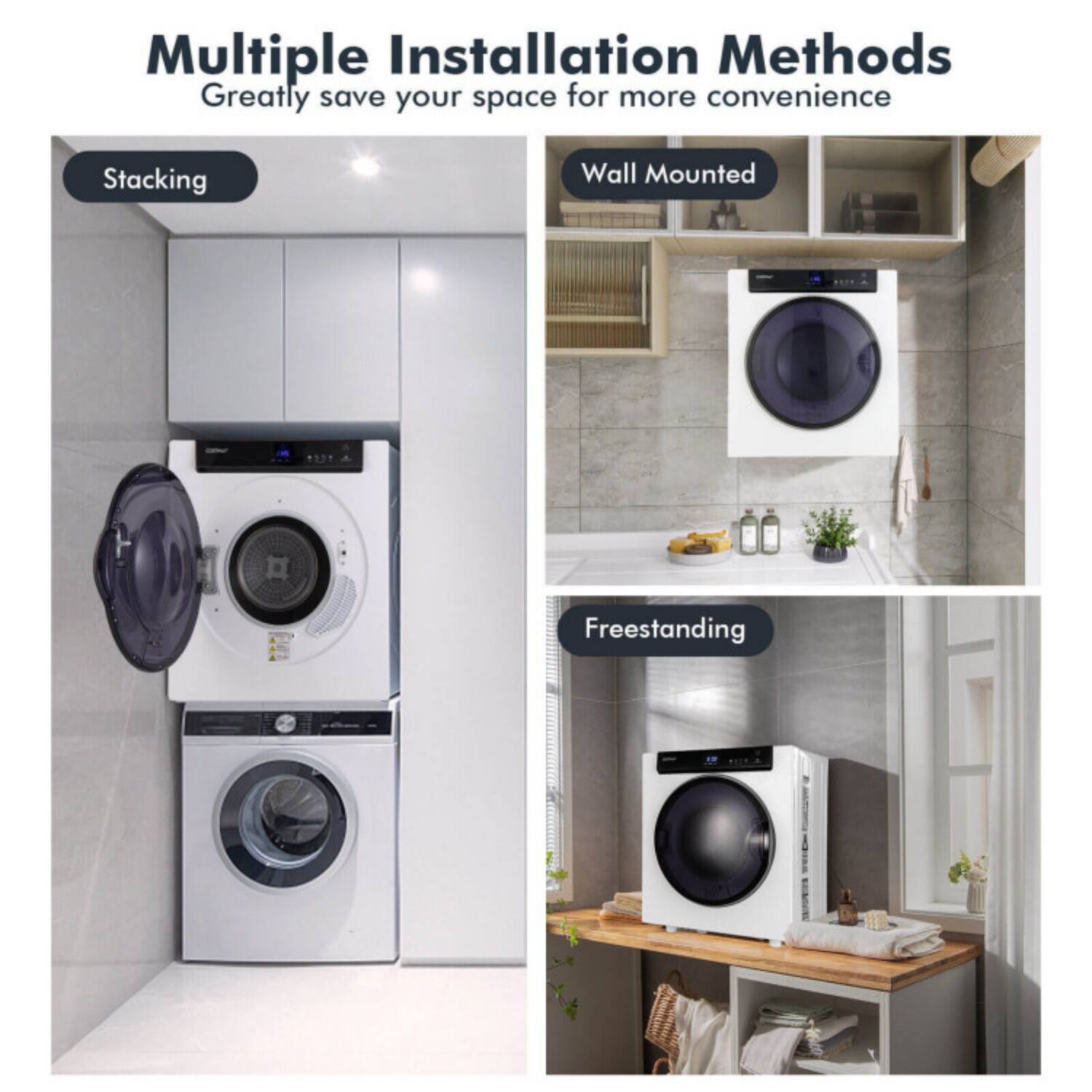 Multiple Installation Methods  
Greatly save your space for more convenience  

Stacking  
Wall Mounted  
Freestanding