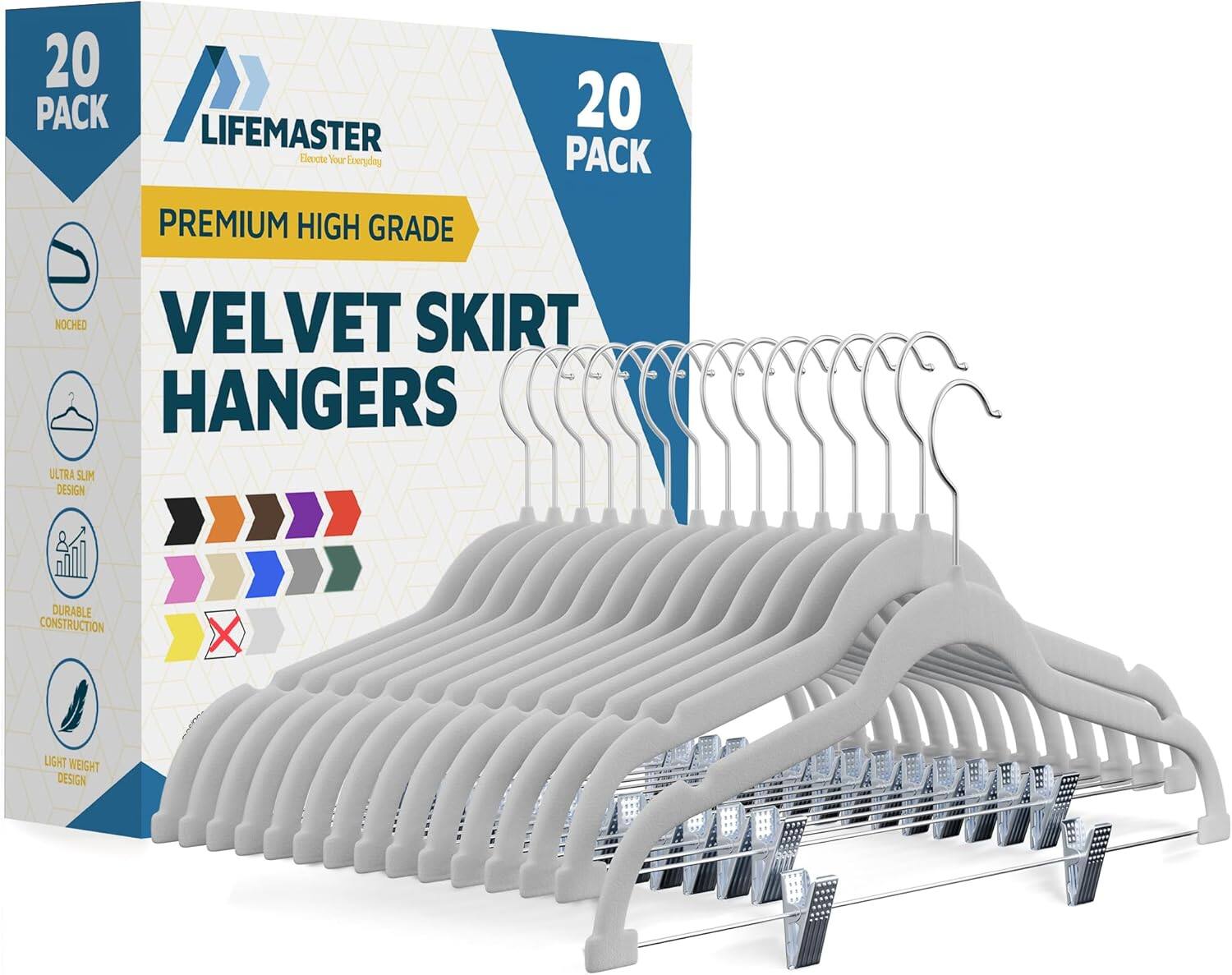 Lifemaster – Velvet Skirt Hangers – Adjustable Clips, Swivel Hook, Non-Slip Notch, Holds 10 lbs, Pack of 20 – White