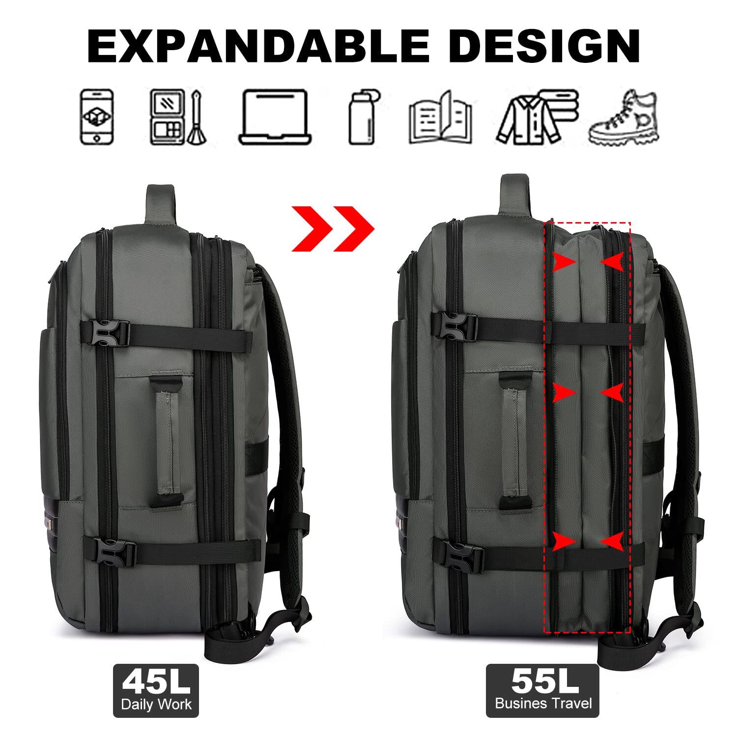 Alt View 1. Stamp n Camp - 40l 50l Travel Backpack For Women Men 18 Inch Laptop Flight Approved Luggage Carry On Water Resistant Overnight Large - Grey.