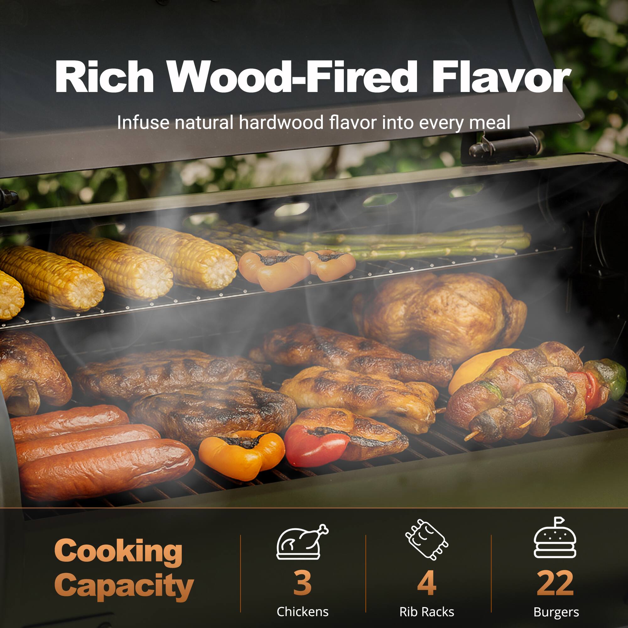 Rich Wood-Fired Flavor  
Infuse natural hardwood flavor into every meal

Cooking Capacity  
3 Chickens  
4 Rib Racks  
22 Burgers