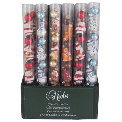 Sure, here is the corrected and grouped text:
**Front of the Box:**
- Frebs
- Glass-Decoration
- Glas-Baumschmuck
- Ornament en verre
- Cristal Exclusivo del diseñador
**On the Ornaments:**
- (No visible text on the ornaments)