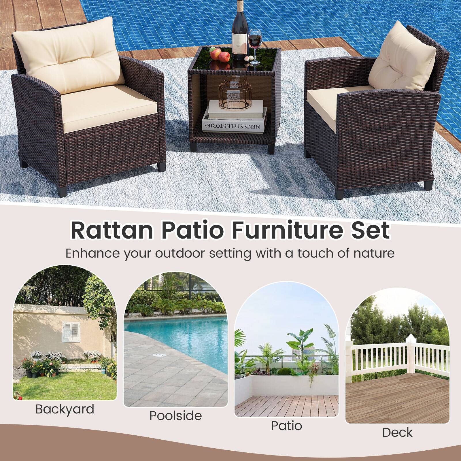 The text on the image is grouped as follows:

1. Enhance your outdoor setting with a touch of nature.
2. Backyard Poolside Patio Deck.