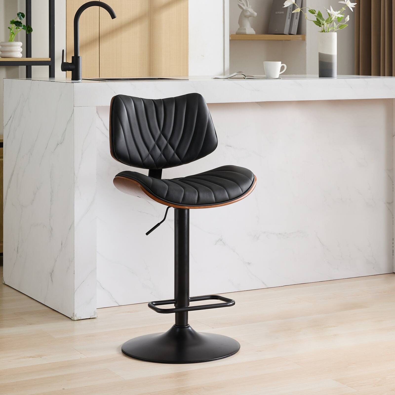 Front. APRILSOUL - Walnut Bentwood Bar Stools Mid Century Modern Adjustable Black Leather 360Swivel Black - Black.