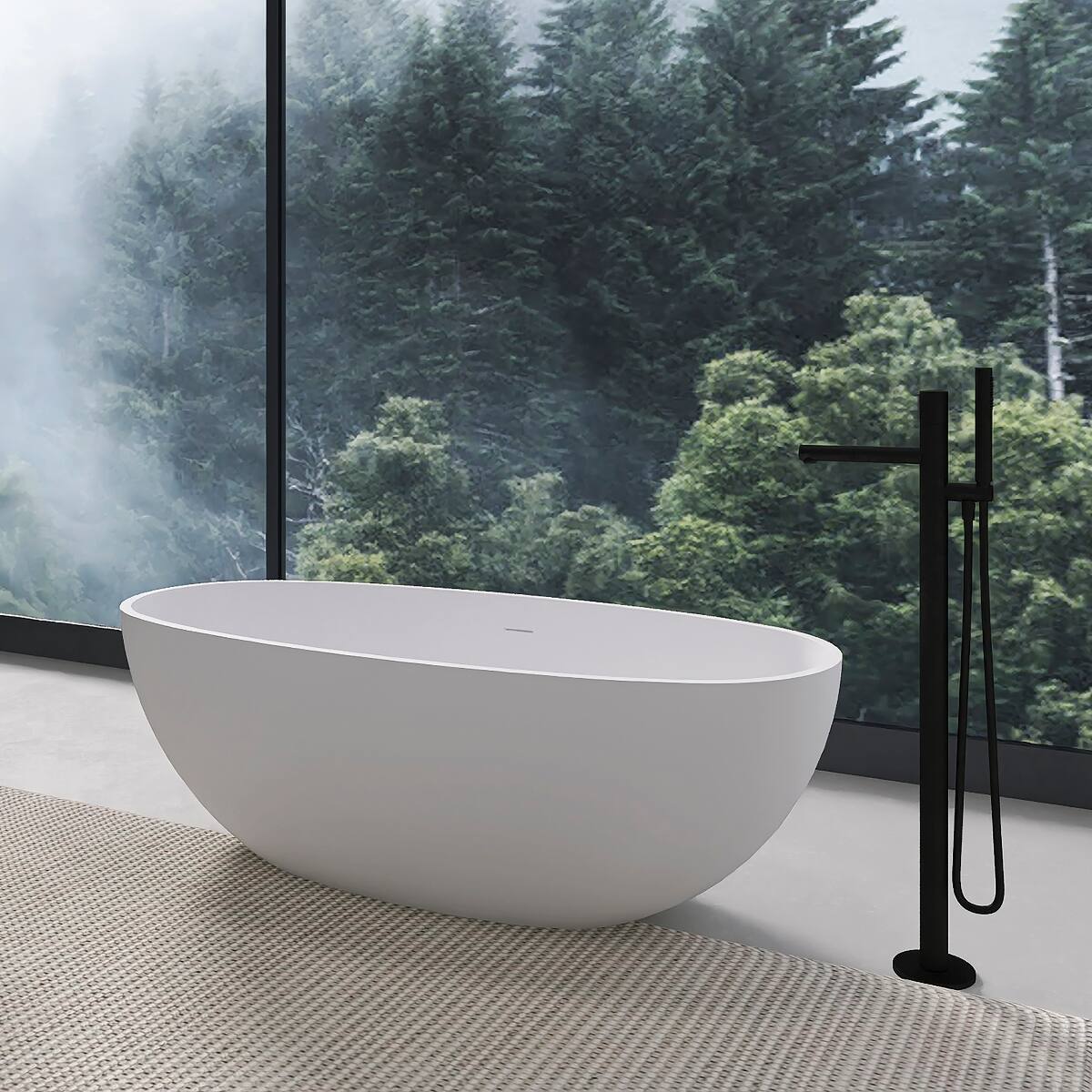 Angle. Loheer - Loheer 65.2 in Freestanding Solid Surface Soaking Bathtub Matte White Oval Center Drain - Matte White.