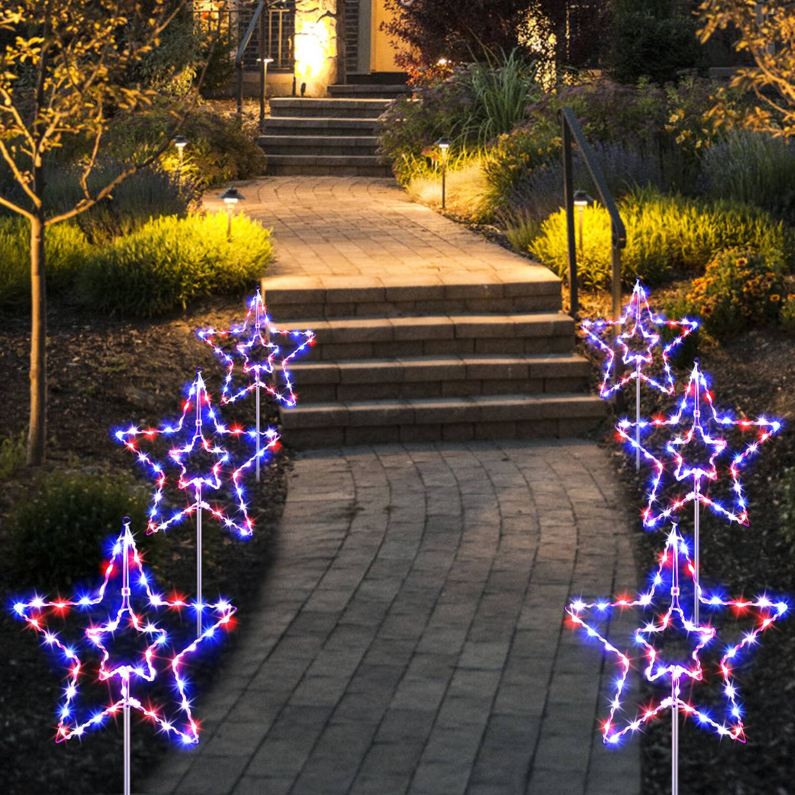 Alt View 3. Oumilen - 3 Pack Solar Double Star Pathway Lights – Red White Blue LED Yard Decor, 8 Modes with Remote for Outdoor Lawn.