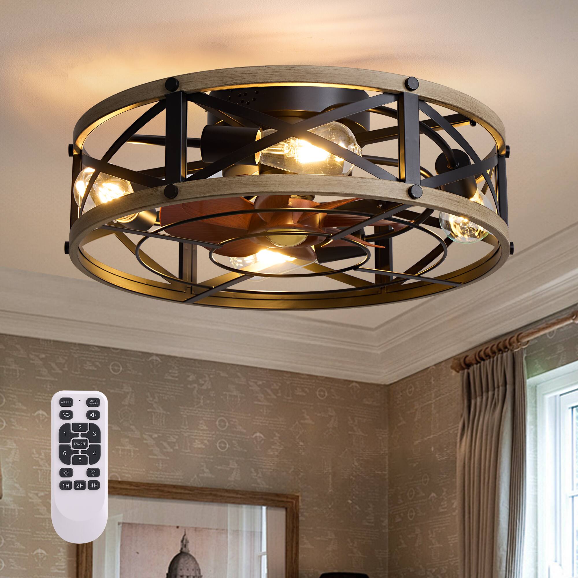 Angle. Siljoy - 20 Inch Light Wood Grain Caged Flush Mount Ceiling Fan Light, Rustic Silent Low Profile Fan Lamp for Bedroom - Brown.