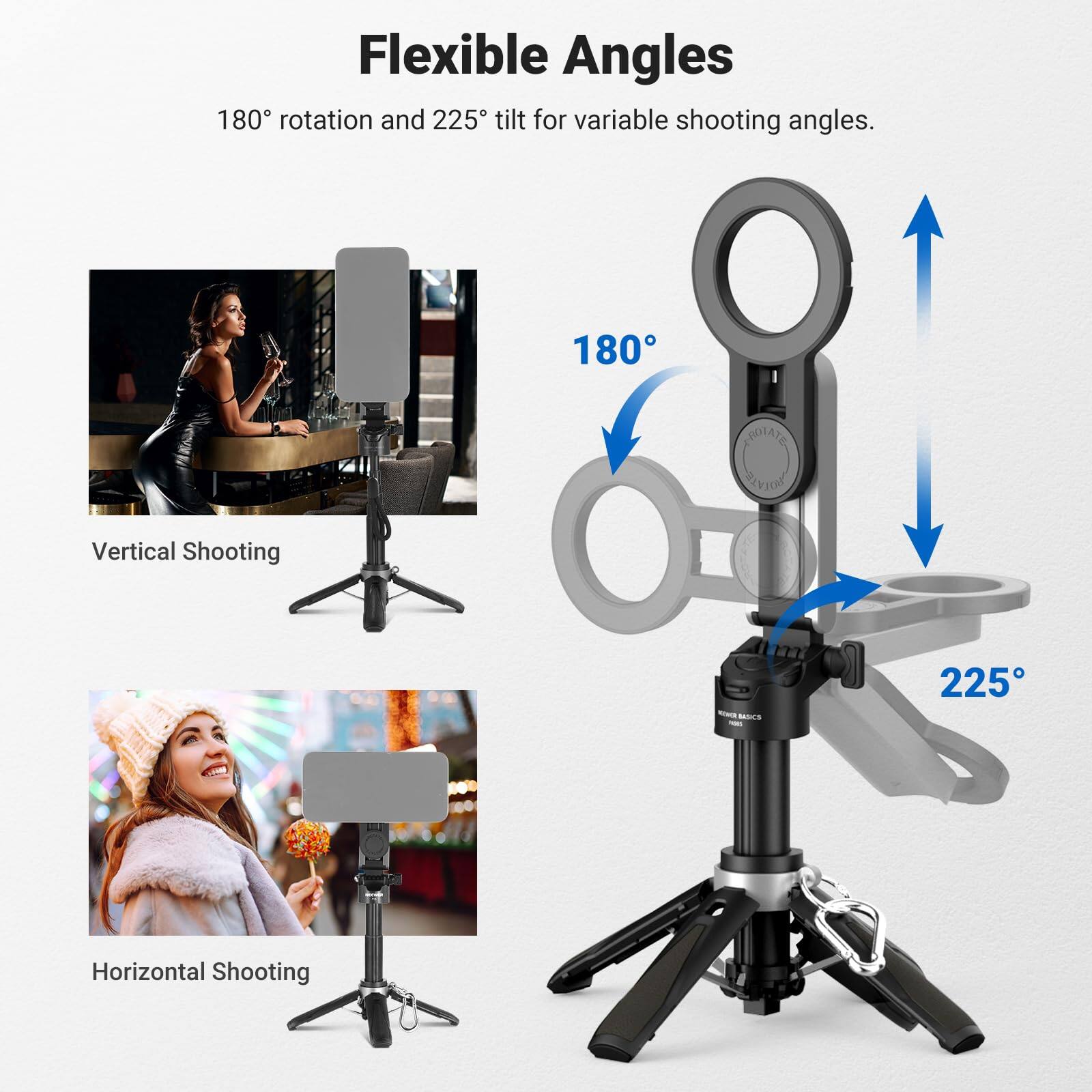 Flexible Angles  
180° rotation and 225° tilt for variable shooting angles.  

180° ROLATE SOTA Vertical Shooting  
225° Horizontal Shooting