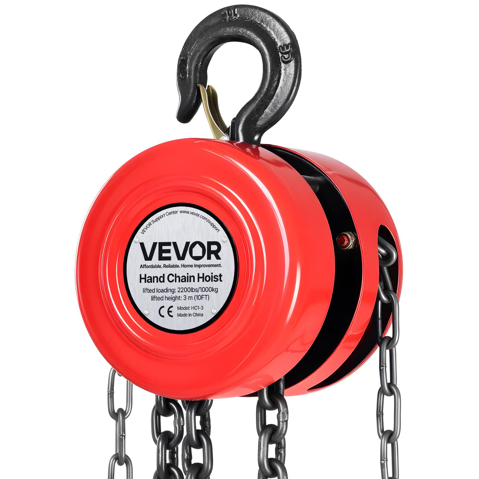 7 Centor  
www.vevor.com/support  
VEVOR  
Affordable. Reliable. Home improvement.  
Hand Chain Hoist  
lifted loading: 2200lbs/1000kg  
lifted height: 3 m (10FT)  
Model: HC1-3  
CE  
Made in China
