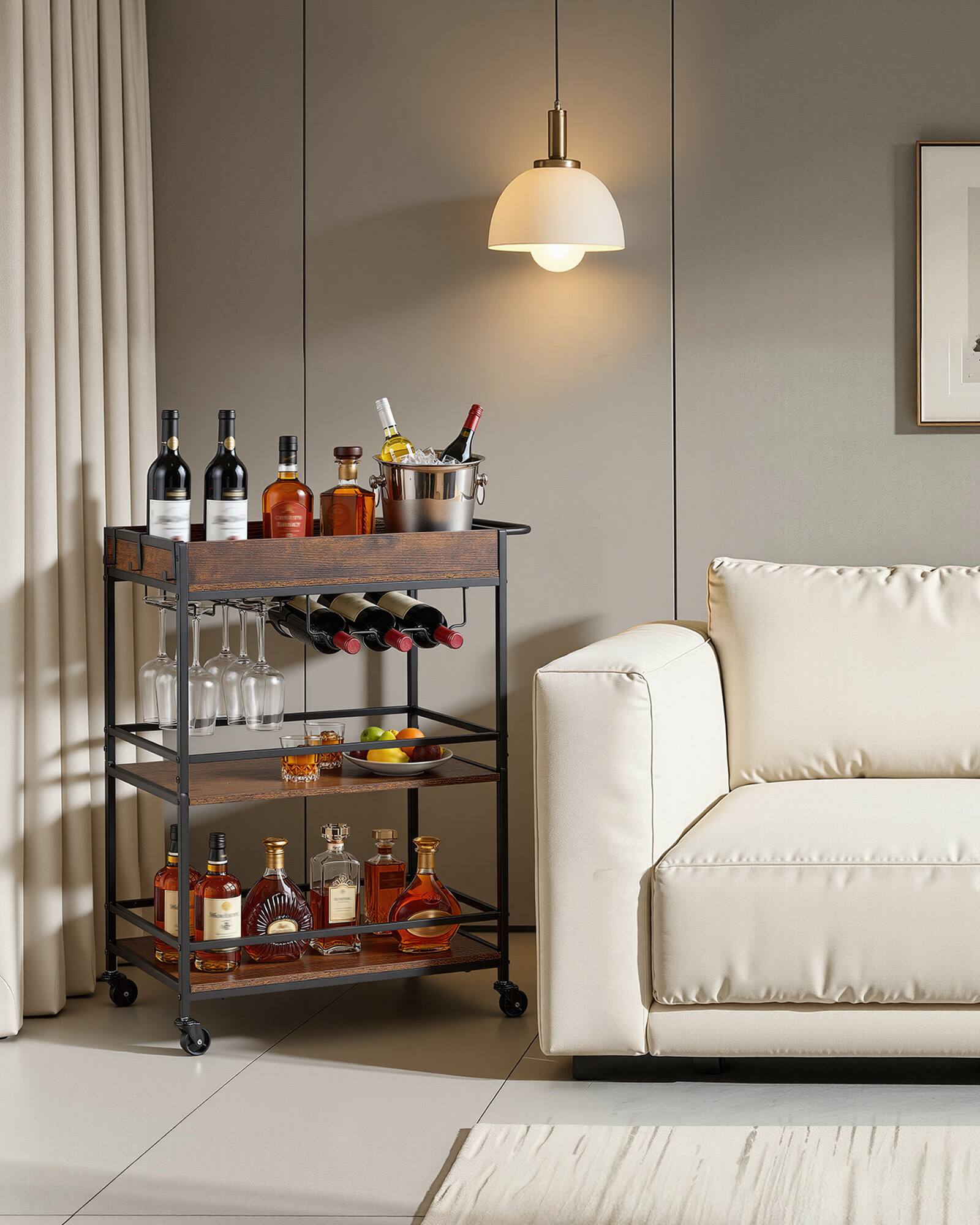 Alt View 2. VEVOR - Bar Cart, 3 Tiers Home Kitchen Serving Carts, Industrial Rolling Utility Station on Wheel, Mobile Drink Beverage Shelf - Black + Brown.