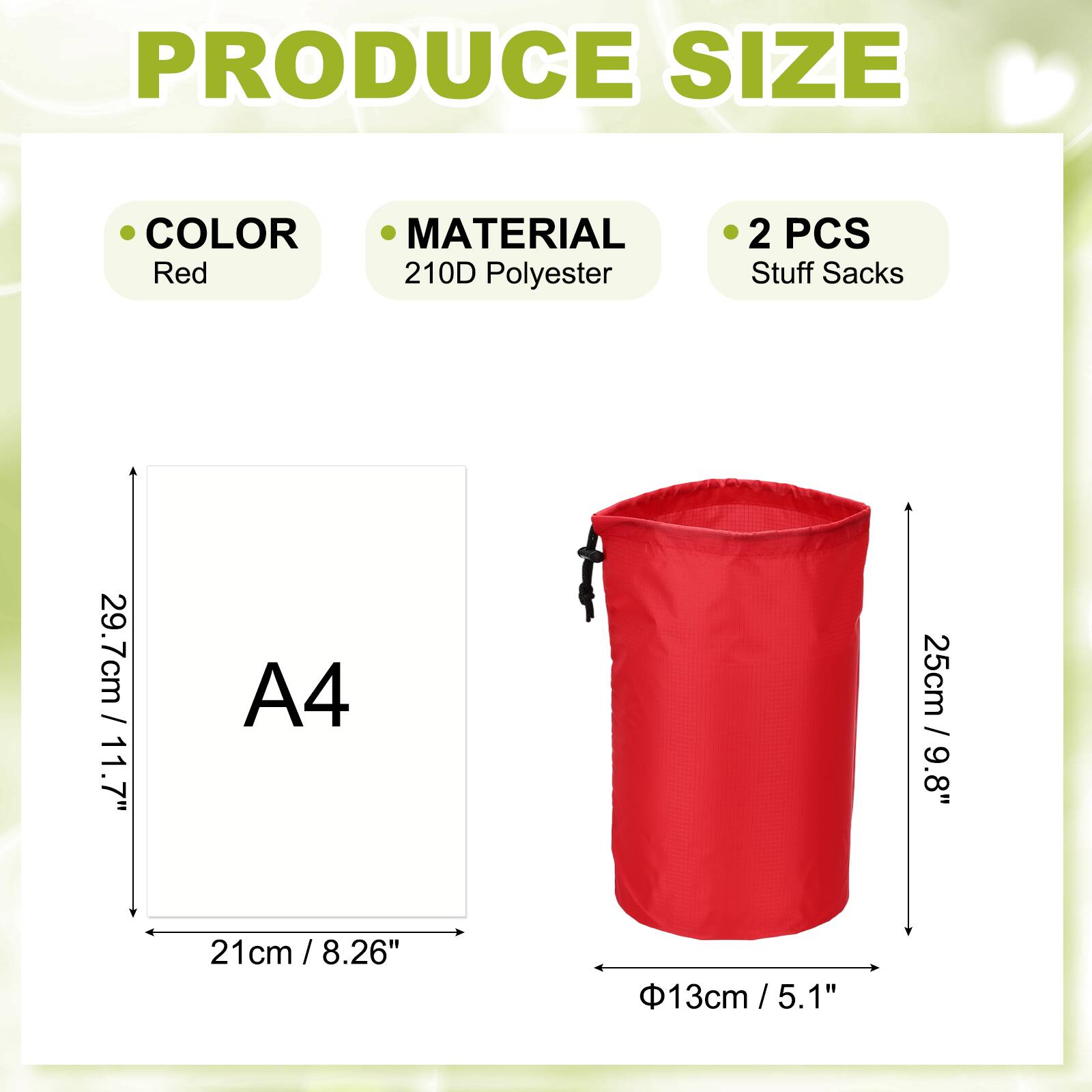 PRODUCE SIZE

- COLOR: Red
- MATERIAL: 210D Polyester
- 2 PCS Stuff Sacks

- A4: 21cm / 8.26"
- 29.7cm / 11.7"
- 25cm / 9.8"
- Ø13cm / 5.1"