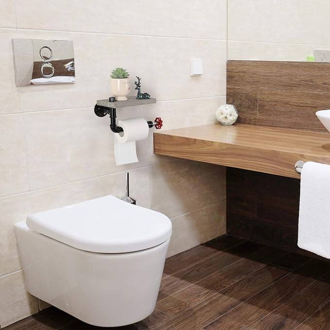 Alt View 2. Oumilen - 2-Piece Industrial Pipe Wall Mounted Shelf, Wood Floating Shelf with Towel Bar & Red Valve Handle, Grey Wood Finish.