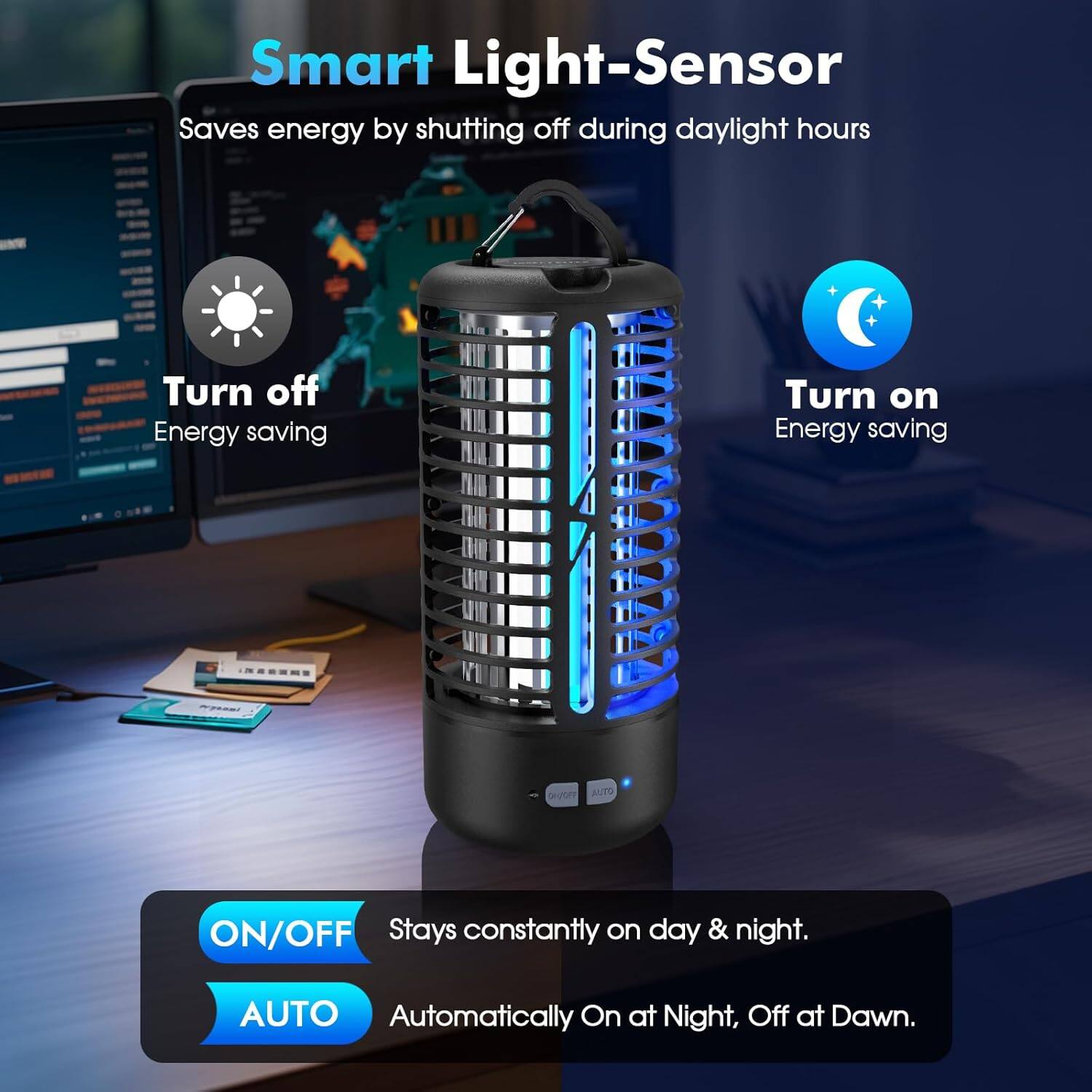 Smart Light-Sensor  
Saves energy by shutting off during daylight hours  

Turn off  
Energy saving  

Turn on  
Energy saving  

ON/OFF  
Stays constantly on day & night.  

AUTO  
Automatically On at Night, Off at Dawn.