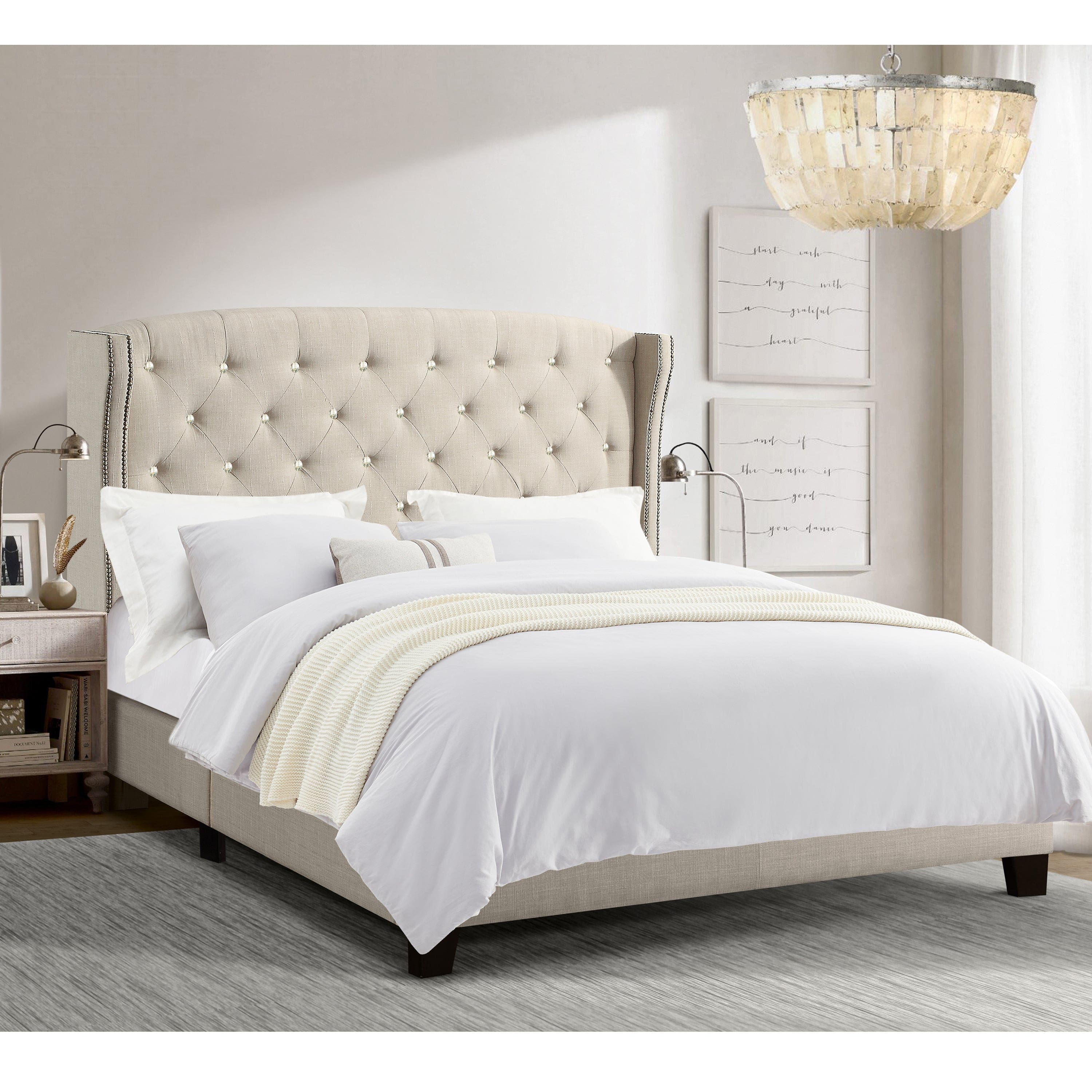 Boyel Living - 68 in Button Tufted Upholstered Bed Vintage Style Bed Frame with Solid Wood Legs in White - Off-white