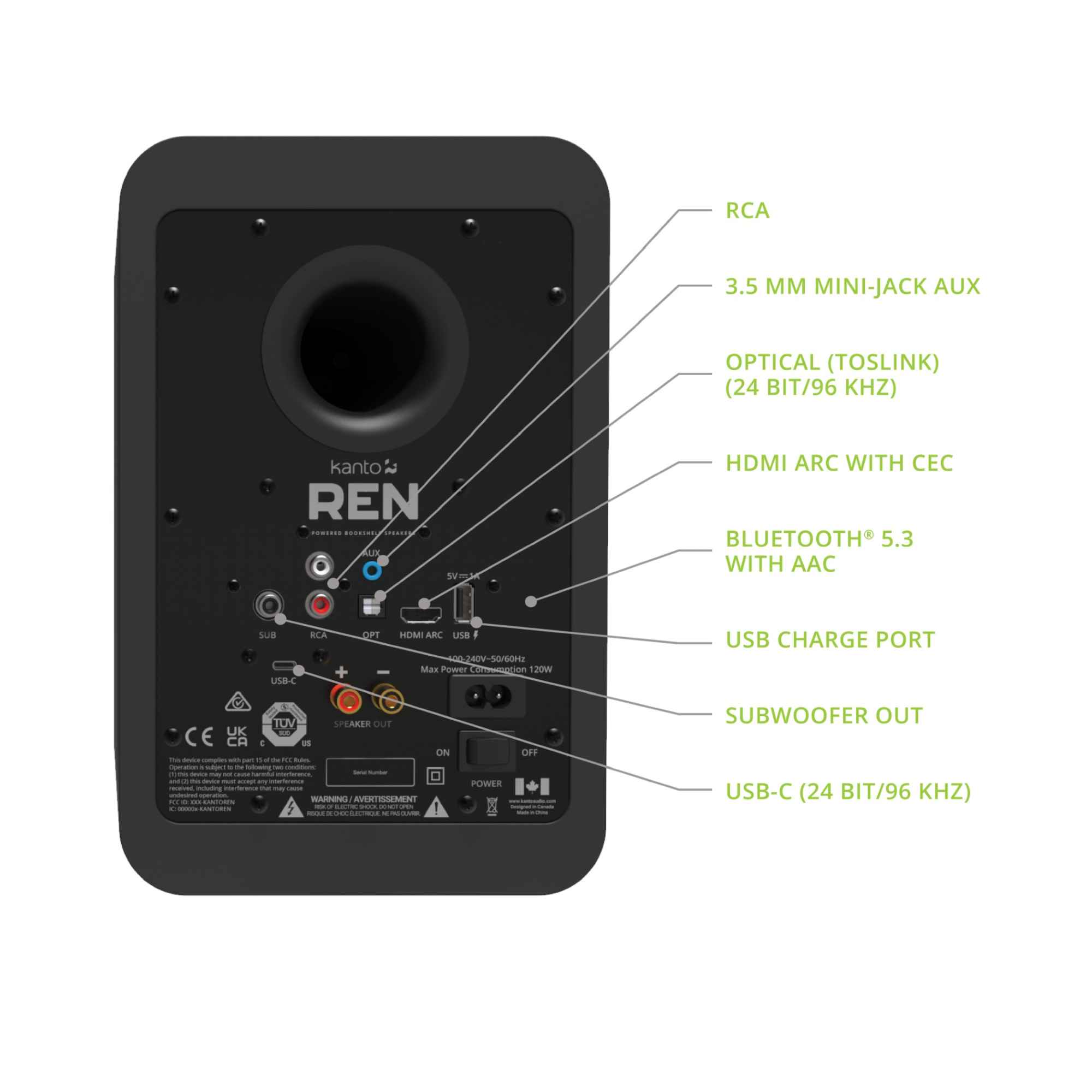 RCA  
3.5 MM MINI-JACK AUX  
OPTICAL (TOSLINK) (24 BIT/96 KHZ)  
HDMI ARC WITH CEC  
BLUETOOTH 5.3 WITH AAC  
USB CHARGE PORT  
SUBWOOFER OUT  
USB-C (24 BIT/96 KHZ)