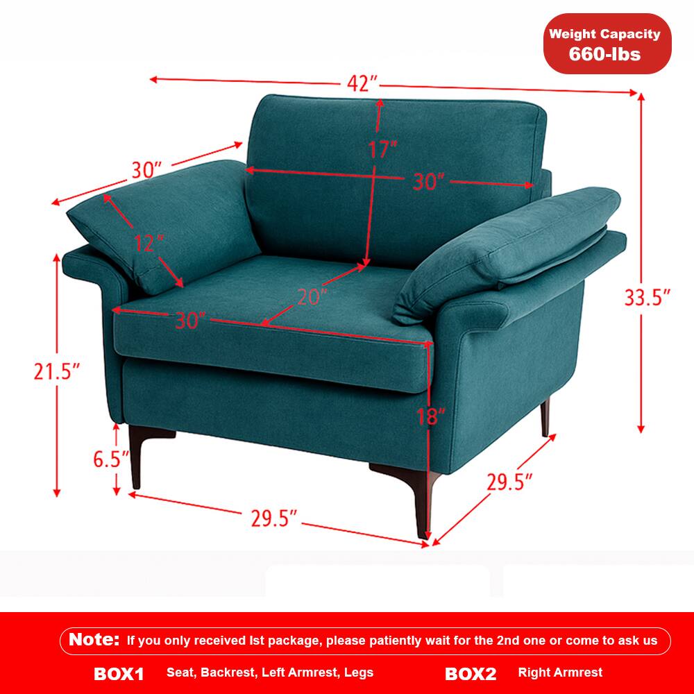 42" Weight Capacity 660-lbs  
30" 17" 30" 12" 30" 20" 33.5" 21.5" 18" 6.5" 29.5" 29.5"  

Note: If you only received the 1st package, please patiently wait for the 2nd one or come to ask us  
BOX1: Seat, Backrest, Left Armrest, Legs  
BOX2: Right Armrest