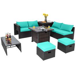 Costway - 9 PCS Patio Furniture Set with 32" Fire Pit Table 50,000 BTU Square Propane Fire Pit - Turquoise