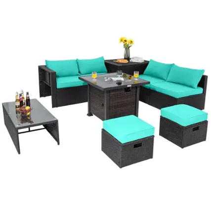 Costway 9 PCS Patio Furniture Set with 32" Fire Pit Table 50,000 BTU Square Propane Fire Pit - Turquoise