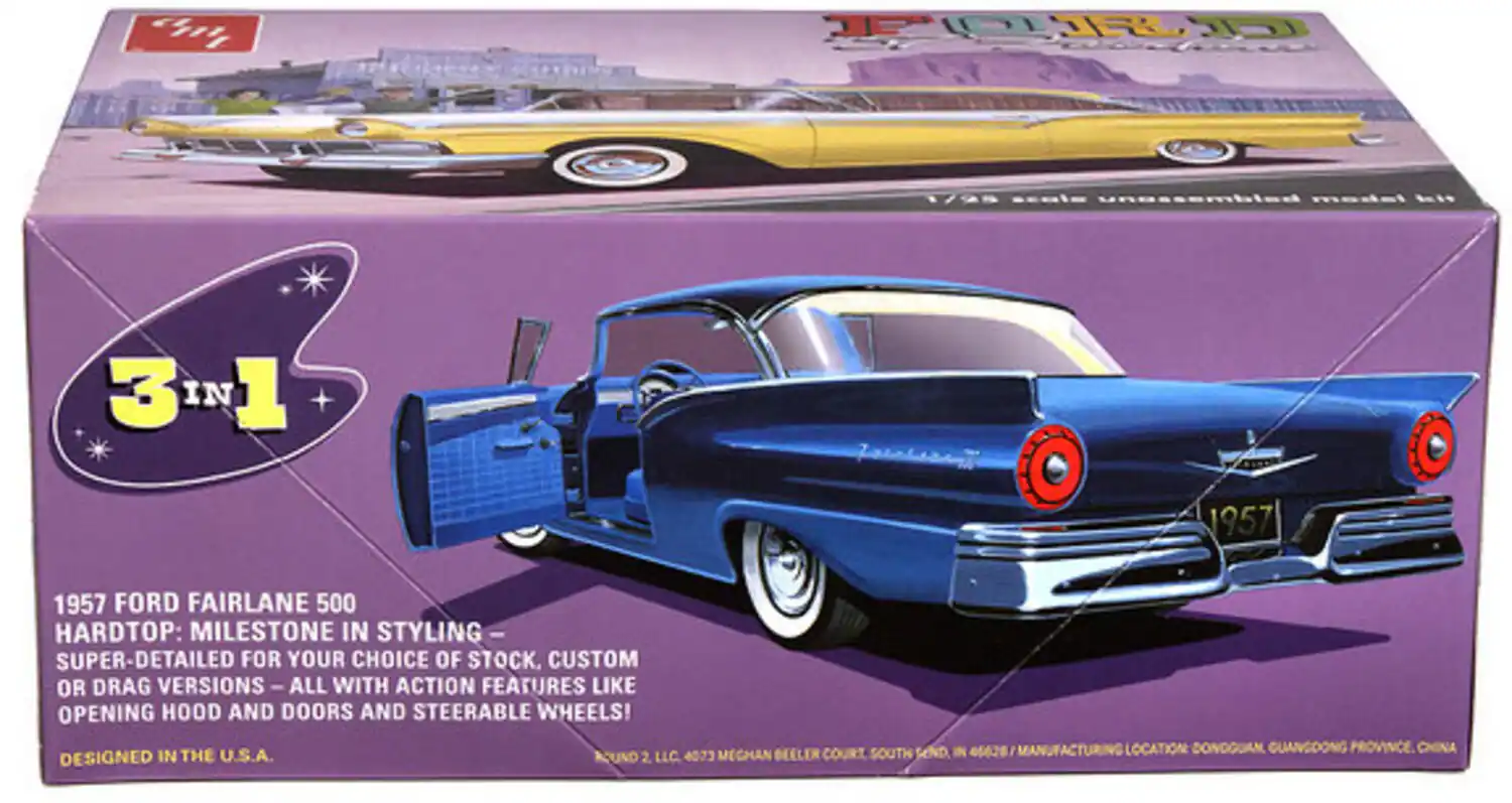 I saw an unassembled model kit: 1957 Ford Fairlane 500 Hardtop. It's a milestone in styling, super-detailed for your choice of stock, custom, or drag versions—all with action features like opening hood and doors and steerable wheels! Beeler Court South Send in 46628. Manufacturing location: Dongguan, Guangdong Province, China. Designed in the U.S.A. Aund2 2 LLC 4073 Meghan.