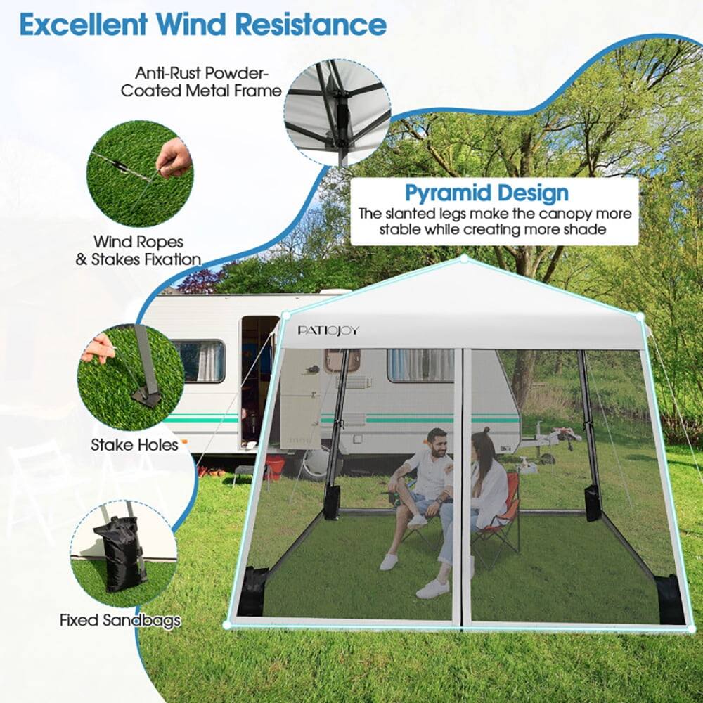 Excellent Wind Resistance

Anti-Rust Powder-Coated Metal Frame

Wind Ropes & Stakes Fixation

Pyramid Design

The slanted legs make the canopy more stable while creating more shade

Stake Holes

Fixed Sandbags