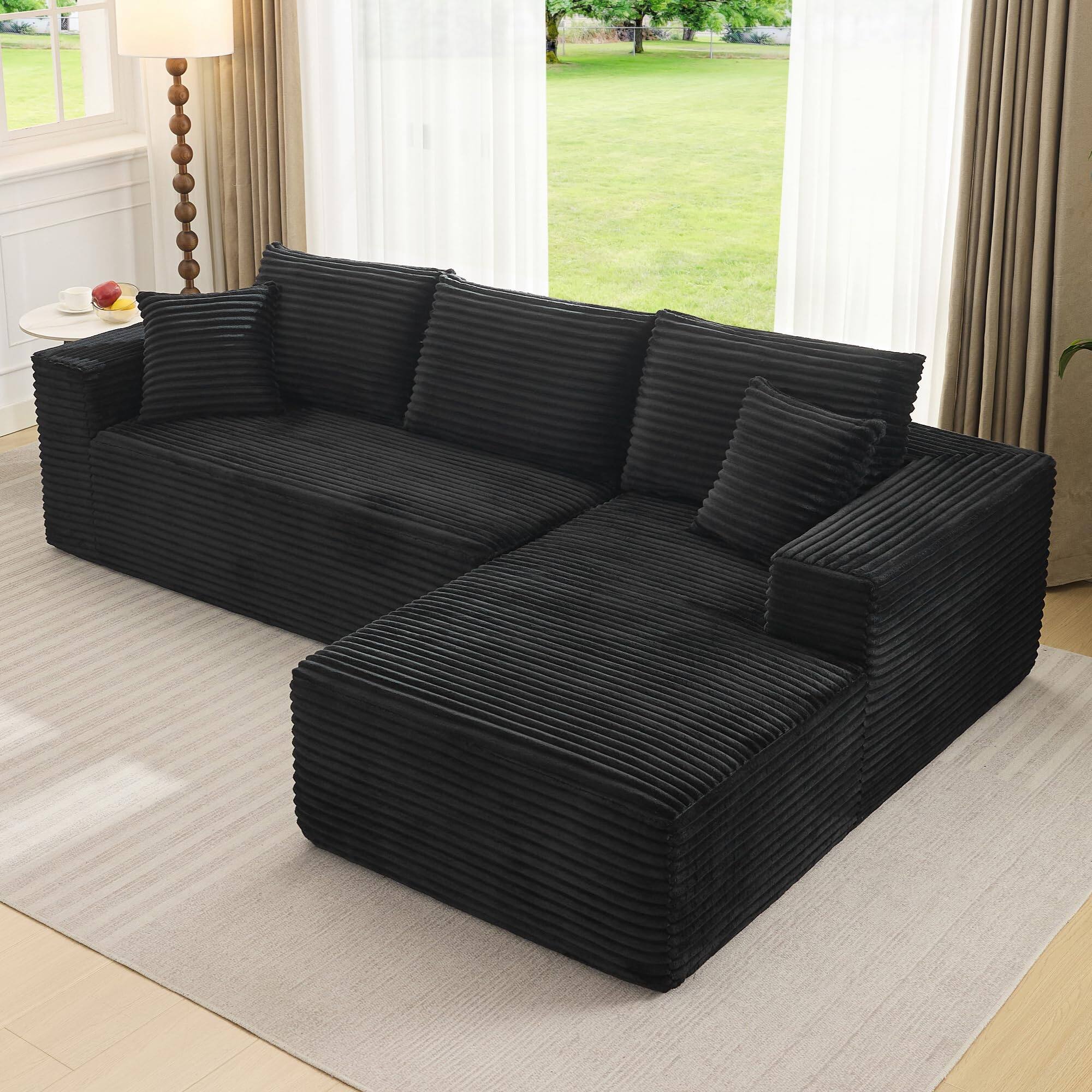 Left. Babevy - 108" L-Shaped Modular Sectional Sofa, 2-Piece Corduroy Cloud Couch with Deep Seats & Pillows, No Assembly - Black.