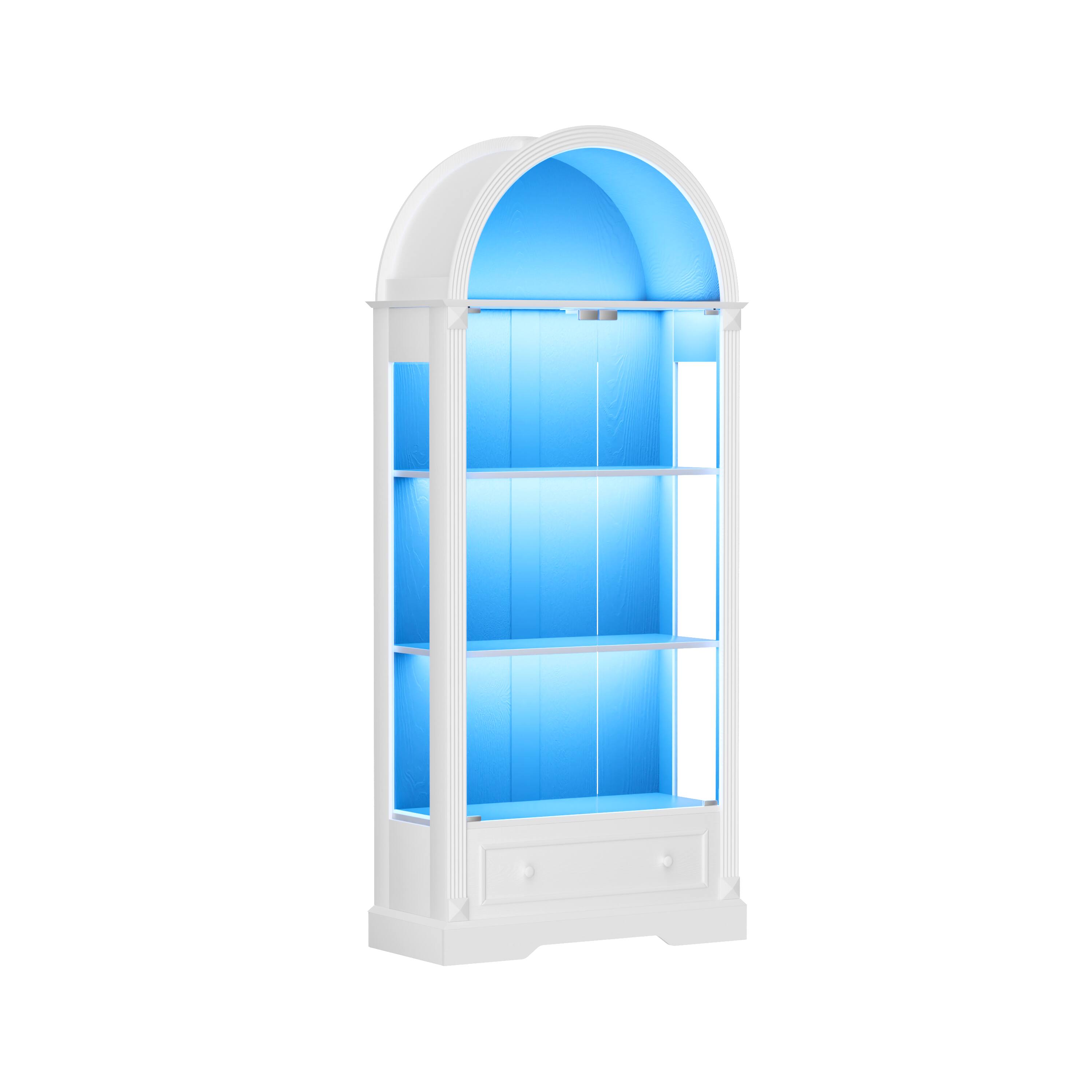 Alt View 6. Loheer - Loheer 70.9 Inch Arched Display Cabinet with Glass Doors and LED Lights, White Farmhouse Kitchen Storage Cabinet - White.