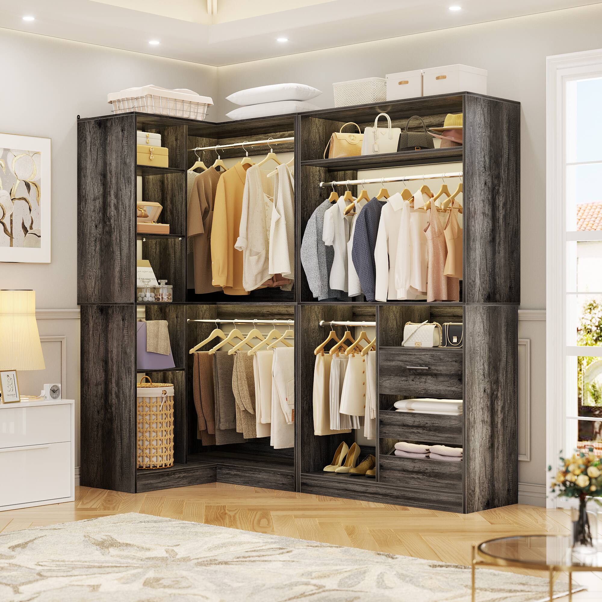 Angle. Aheaplus - 72" Freestanding Corner Closet System - 2-Piece Wood Wardrobe with Drawers & Hanging Rods - Gray Oak.