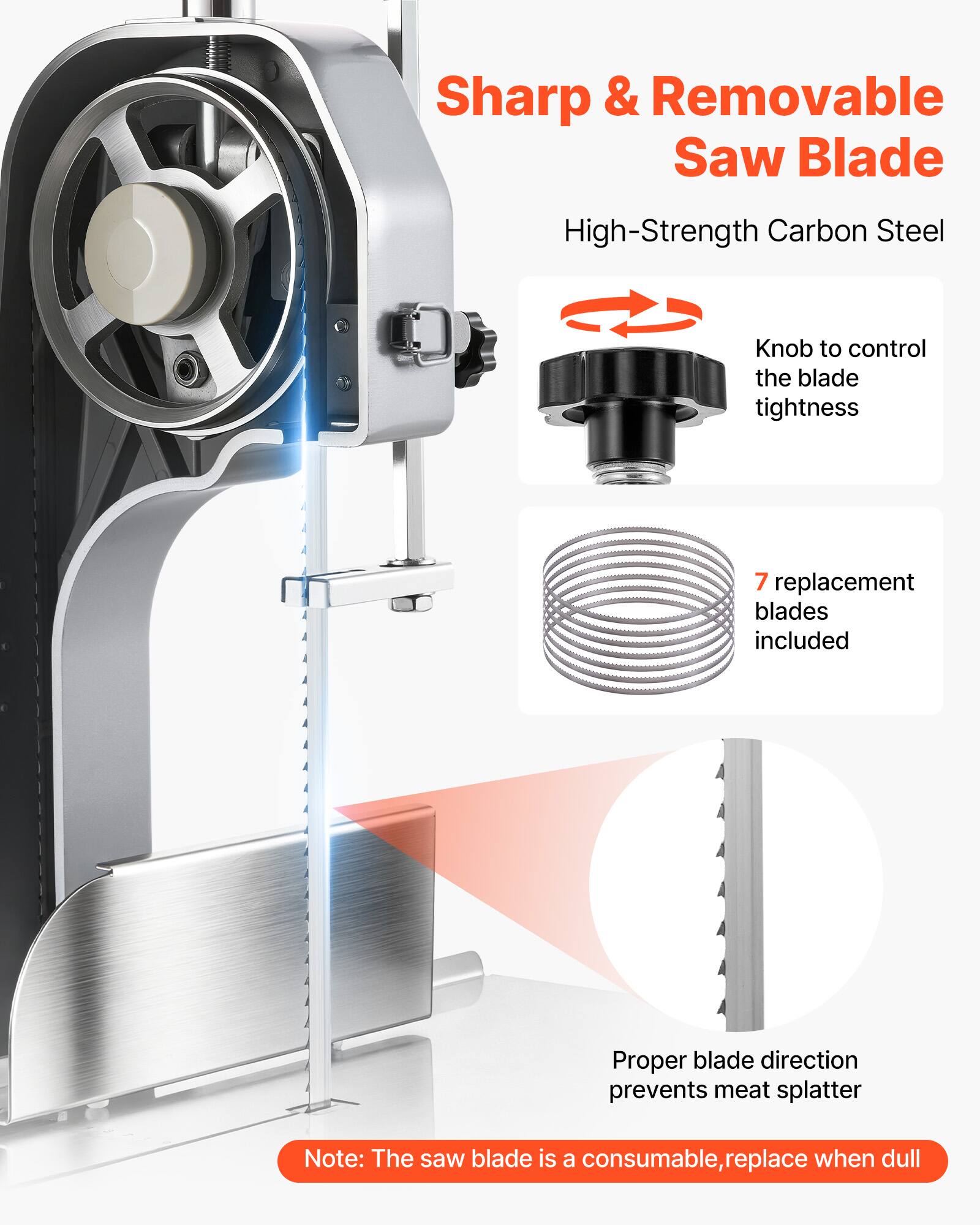 Sharp & Removable Saw Blade  
High-Strength Carbon Steel  
Knob to control the blade tightness  
7 replacement blades included  
Proper blade direction prevents meat splatter  
Note: The saw blade is a consumable, replace when dull