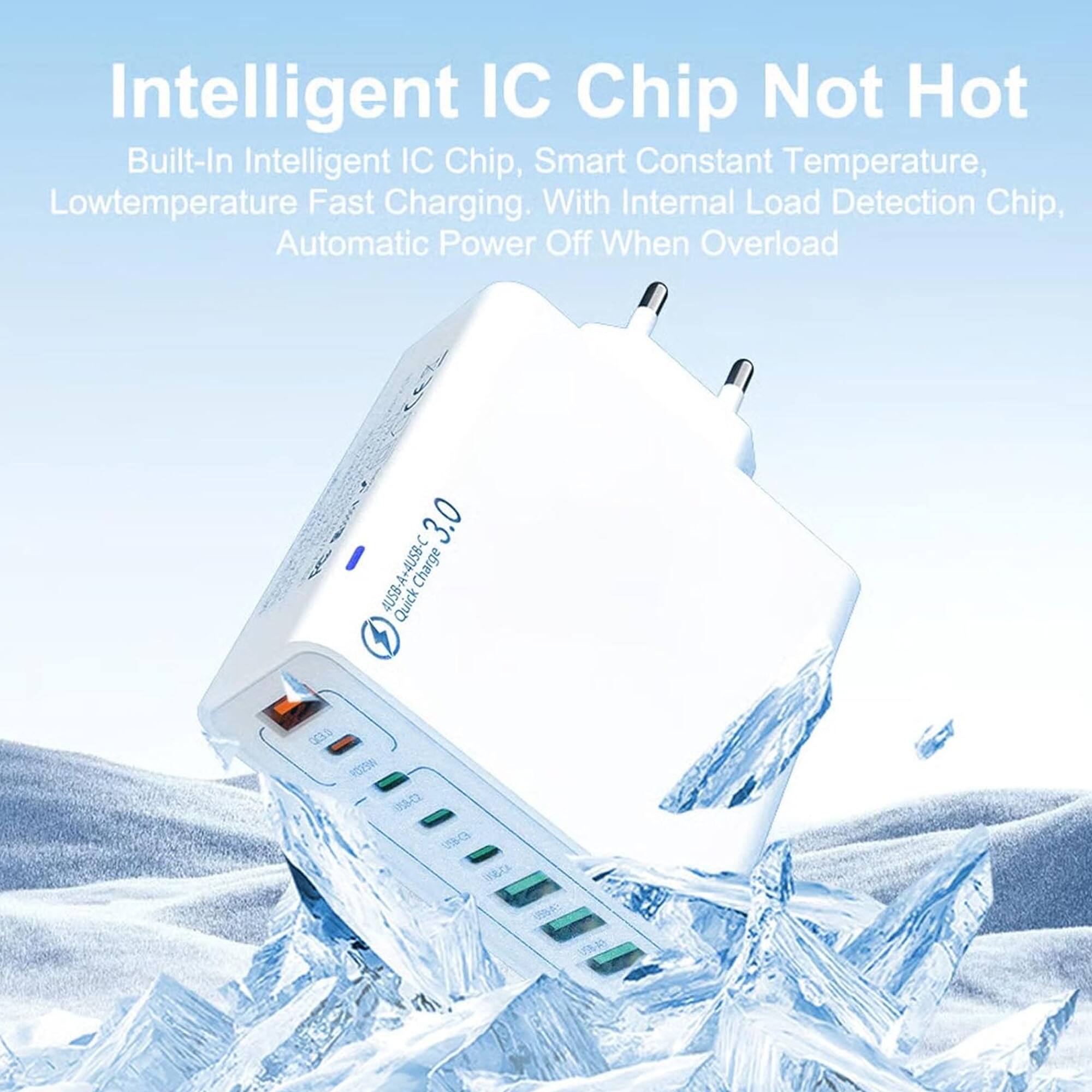 Intelligent IC Chip Not Hot  
Built-In Intelligent IC Chip, Smart Constant Temperature, Lowtemperature Fast Charging. With Internal Load Detection Chip, Automatic Power Off When Overload!  

C 3.0 4U58-A+4USB A+ +4U58- Charge 4U59 Quick VO u9G W&tA