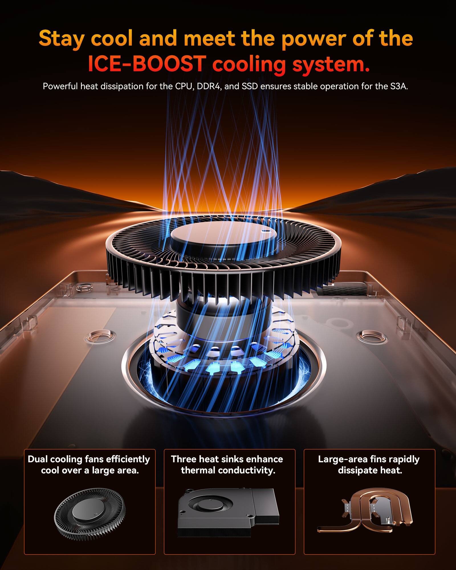 Stay cool and meet the power of the ICE-BOOST cooling system. Powerful heat dissipation for the CPU, DDR4, and SSD ensures stable operation for the S3A.

- Dual cooling fans efficiently cool over a large area.
- Three heat sinks enhance thermal conductivity.
- Large-area fins rapidly dissipate heat.