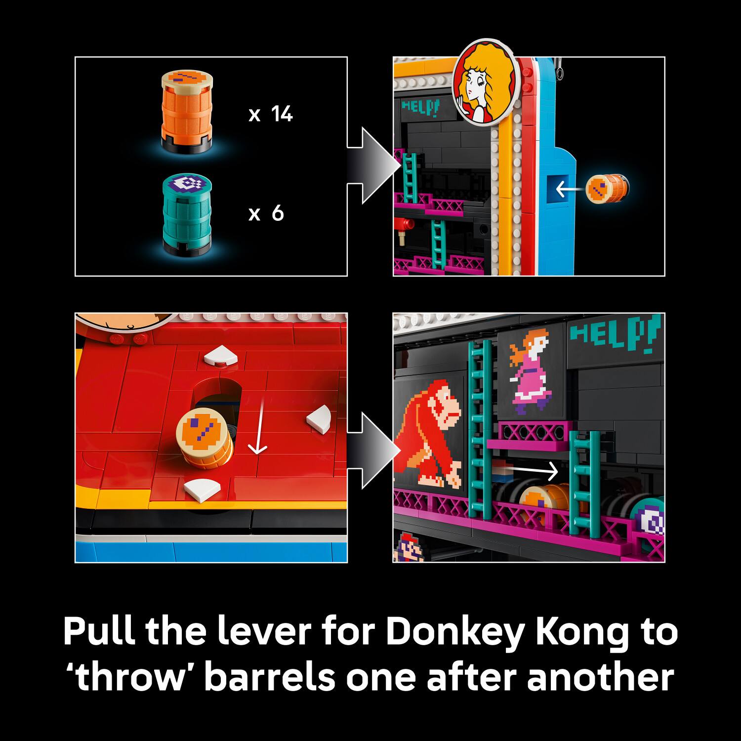 x 14 HELP! x 6 HELP! Pull the lever for Donkey Kong to 'throw' barrels one after another