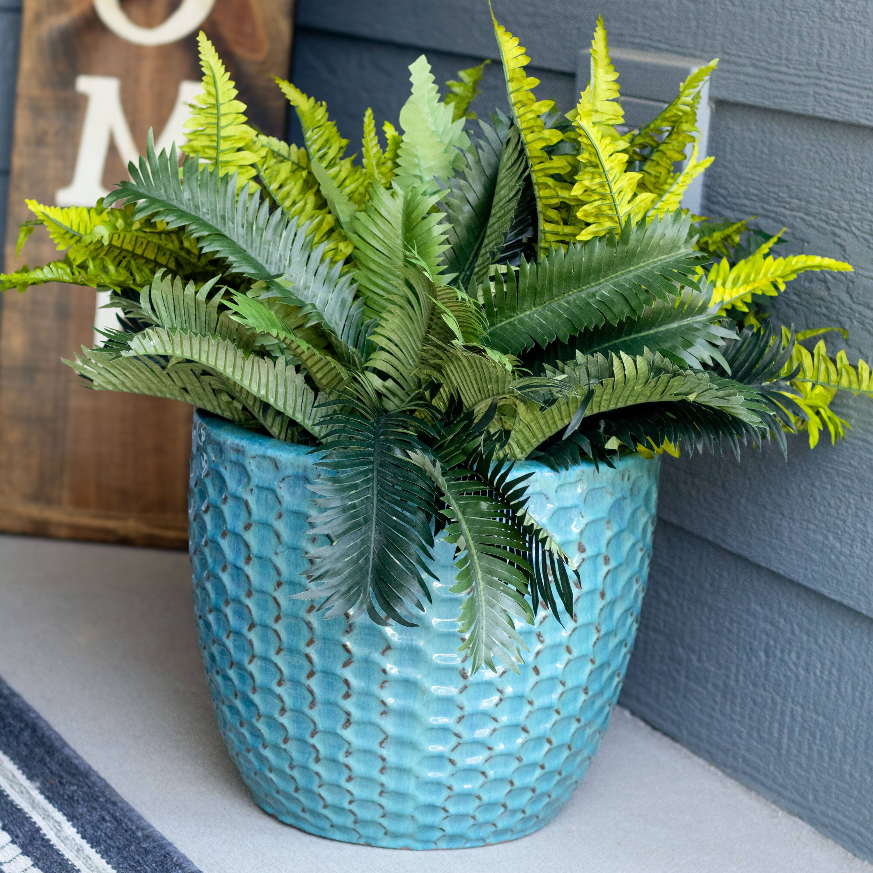 Alt View 1. Sunnydaze - Raised Hexagon Pattern Ceramic Planter - 14" - Cyan.