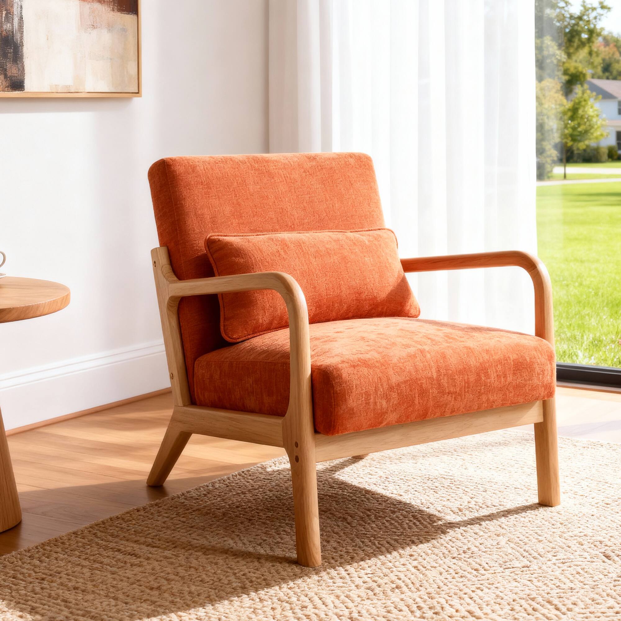 Angle. GOODSILO - Modern Accent Armchair with Solid Wood Frame and Detachable Lumbar Pillow for Living Spaces - Orange.
