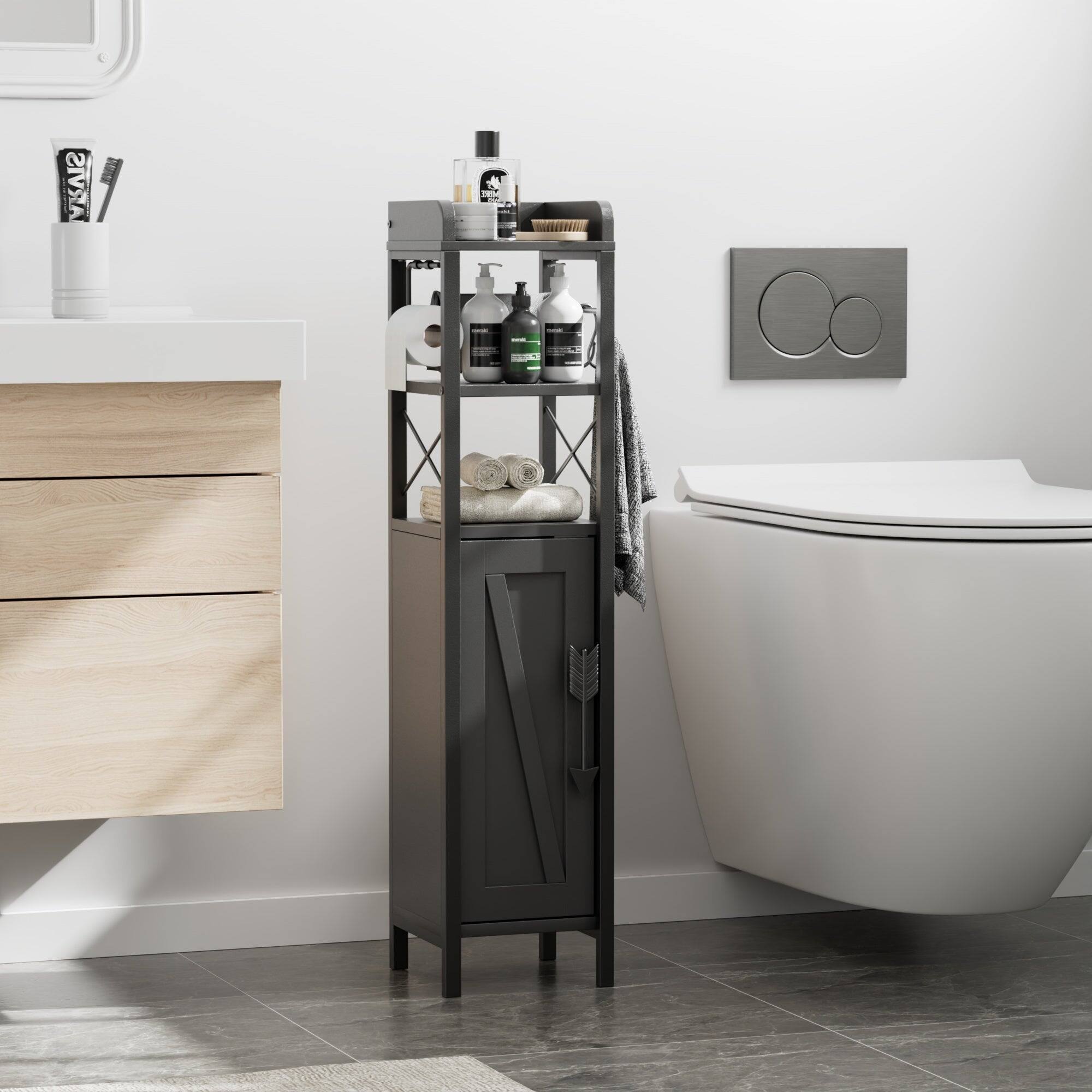 Left. Vecelo - 4-in-1 Bathroom Storage Cabinet with Toilet Paper Holder - Slim Toilet Organizer, Towel Rack & Enclosed Storage - Black.