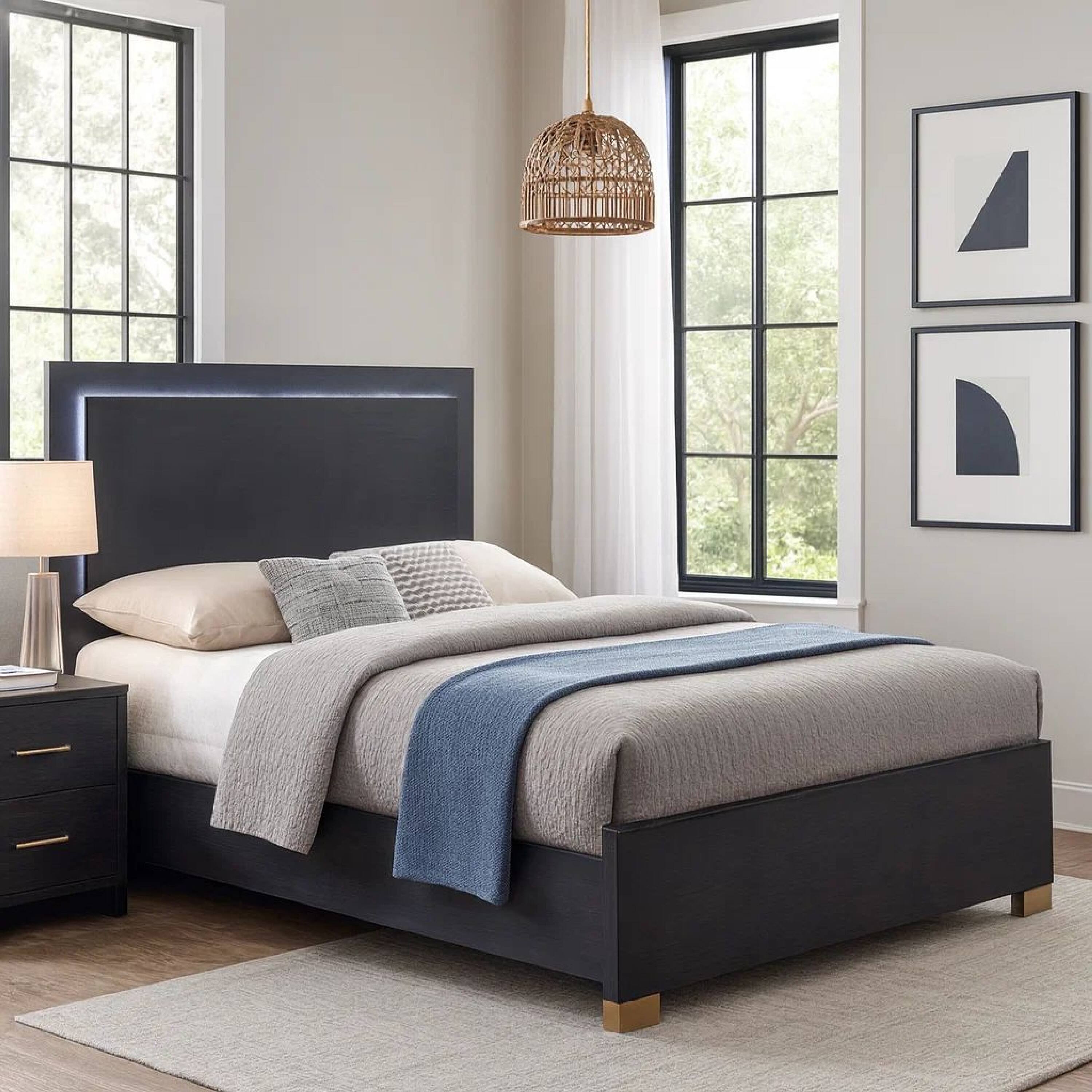 Alt View 8. Manhattan Lane - Dex Platform Queen Bed, Panel LED Headboard, Black Wood Melamine Finish - Black, Gold.