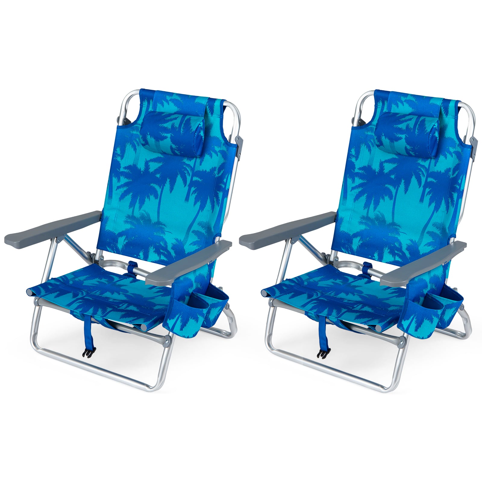 Costway - Beach Chairs Set of 2 with 5-Position Backrest Padded Headrest Cup Holder for Lawn - Coconut Blue