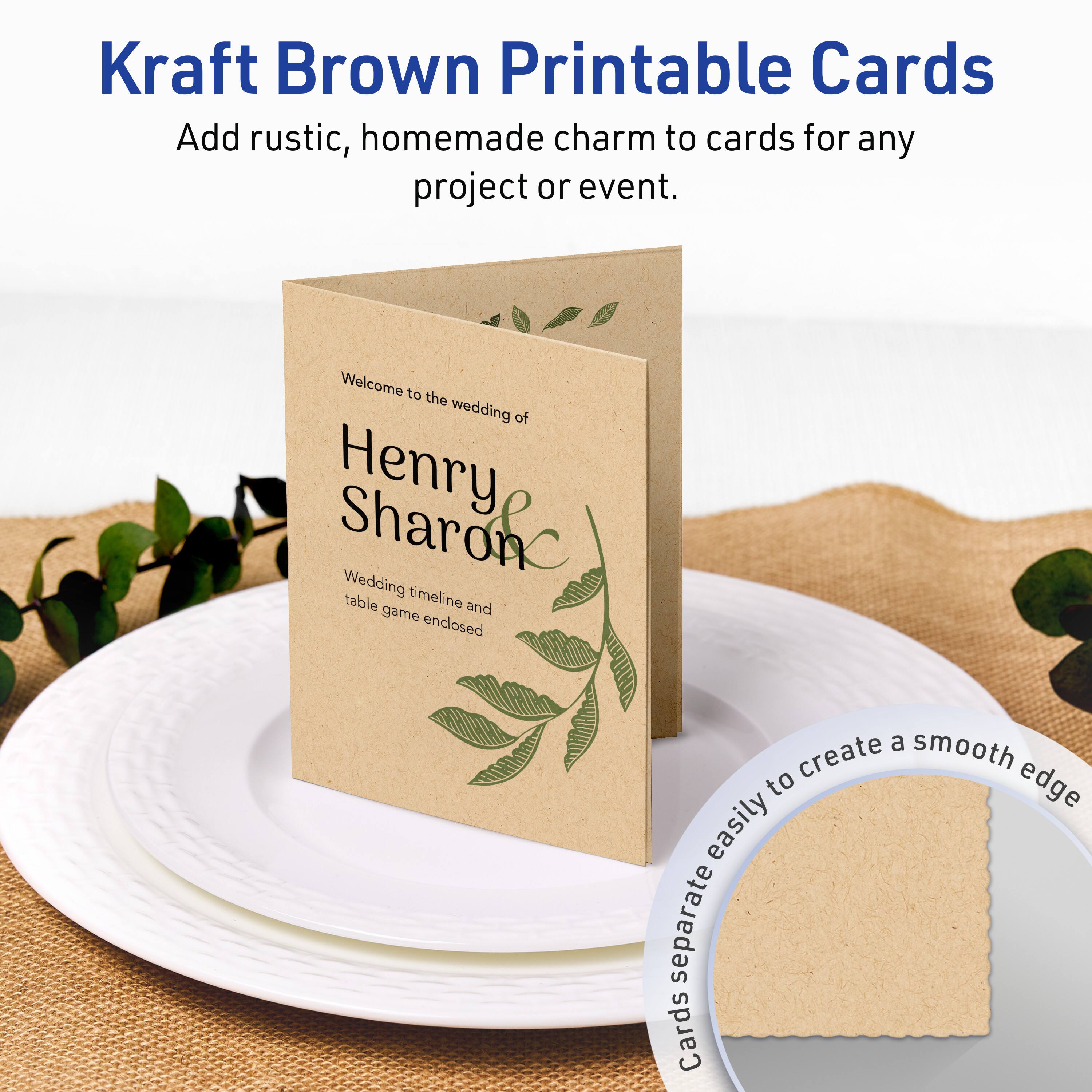 Kraft Brown Printable Cards

Add rustic, homemade charm to cards for any project or event.

Welcome to the wedding of  
Henry Sharon

Wedding timeline and table game enclosed

Cards separate easily to create a smooth edge