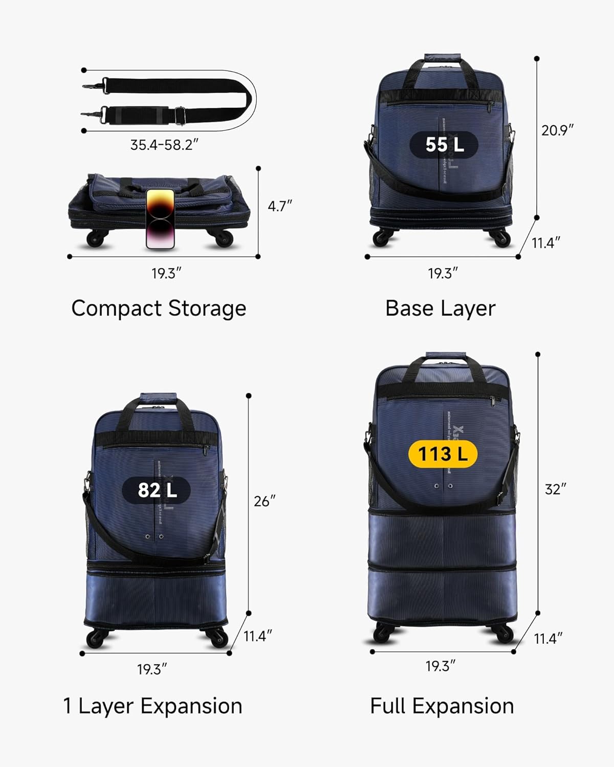 35.4-58.2"  
4.7"  
19.3"  
55 L  
20.9"  
11.4"  

Compact Storage  
Base Layer  
113 L  
82 L  
26"  
32"  
11.4"  
19.3"  

1 Layer Expansion  
Full Expansion