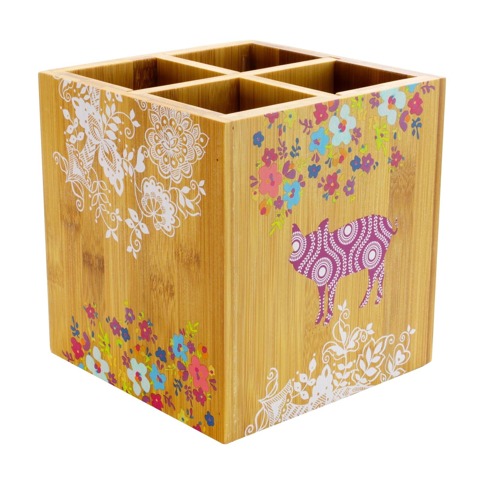 Alt View 8. Urban Market - Gibson Urban Market 5.5 Inch Square Bamboo Utensil Holder in Animal and Floral Print - Brown.