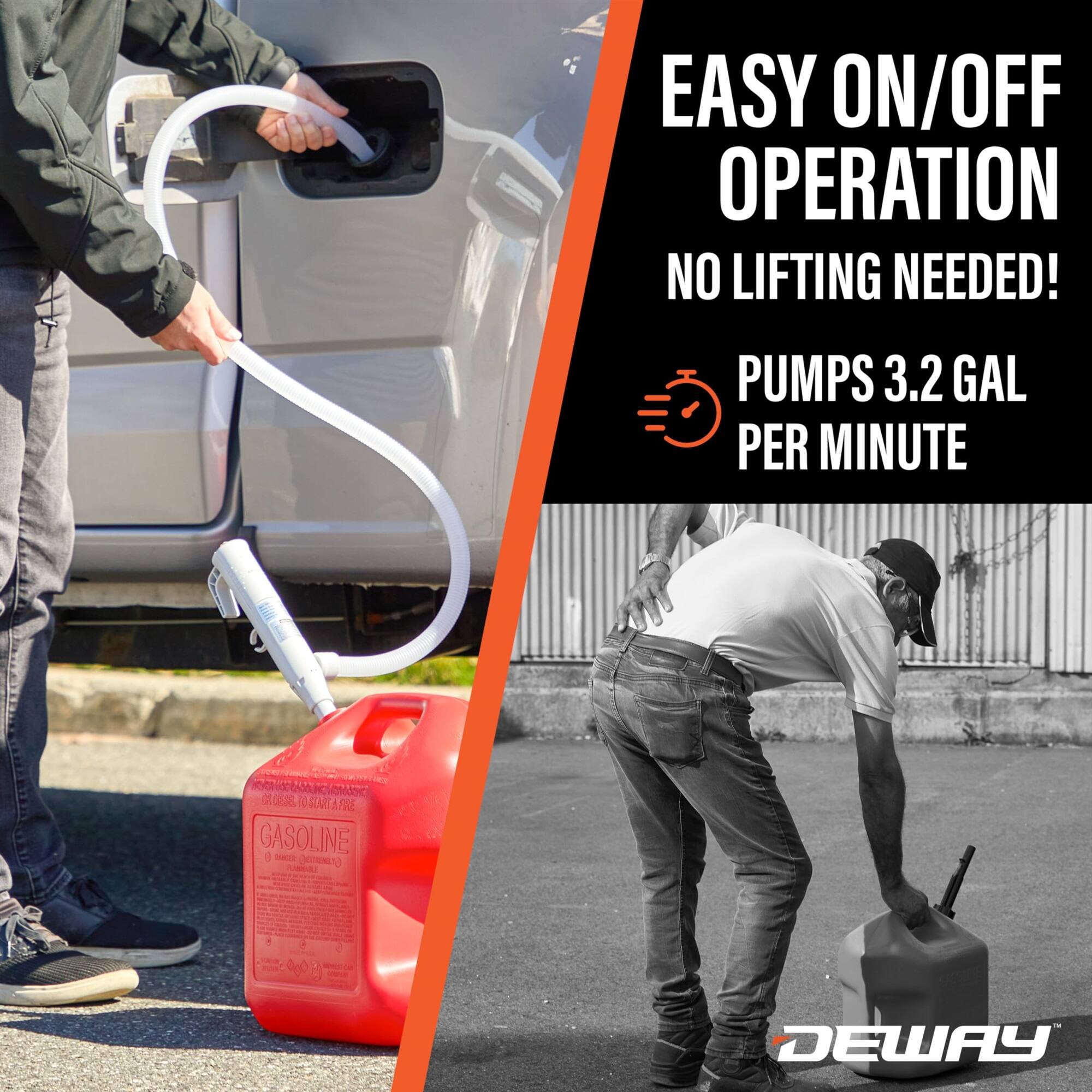 EASY ON/OFF OPERATION  
NO LIFTING NEEDED!  
PUMPS 3.2 GAL PER MINUTE  

DEWAY